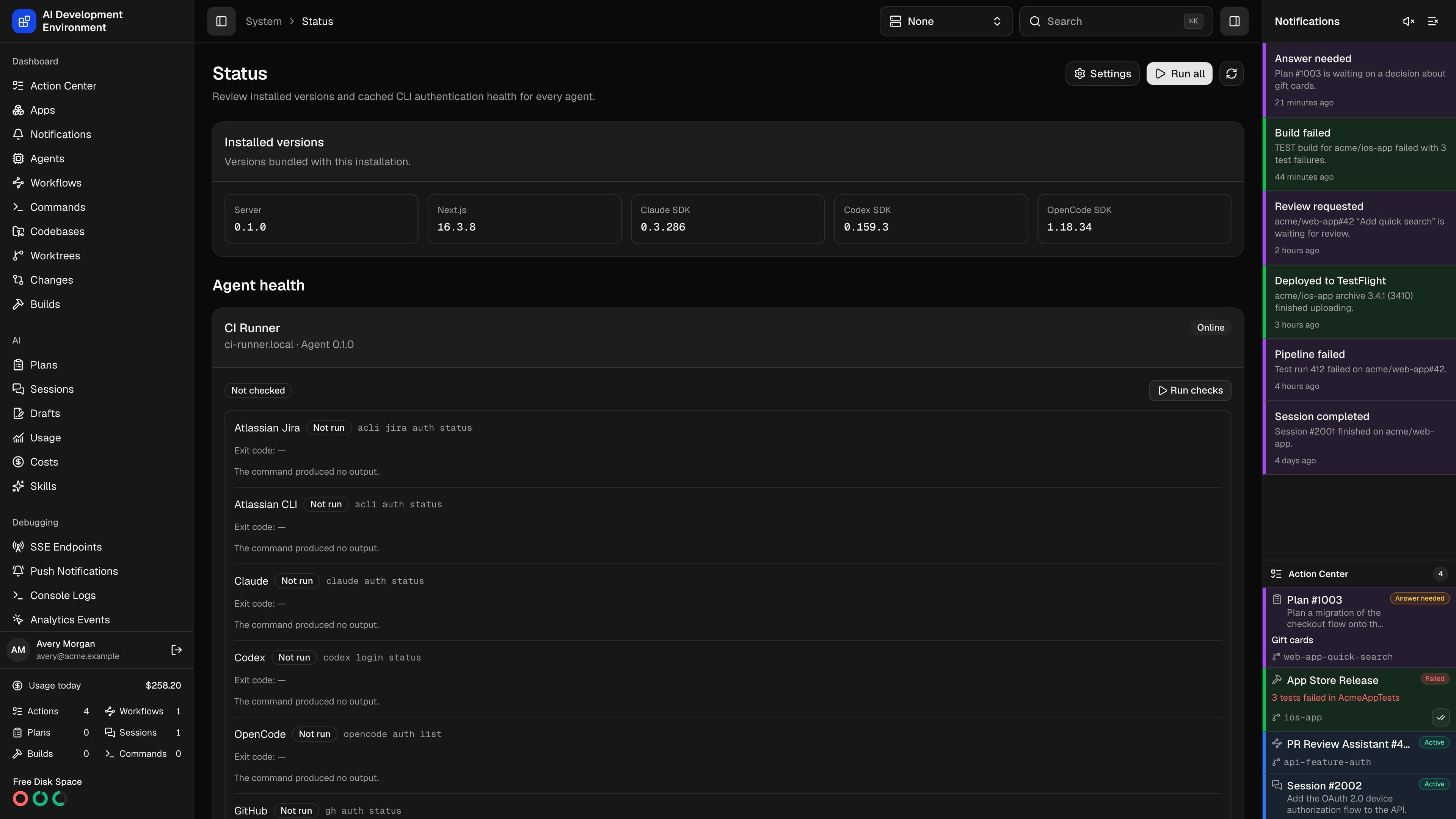 System Status page in dark theme