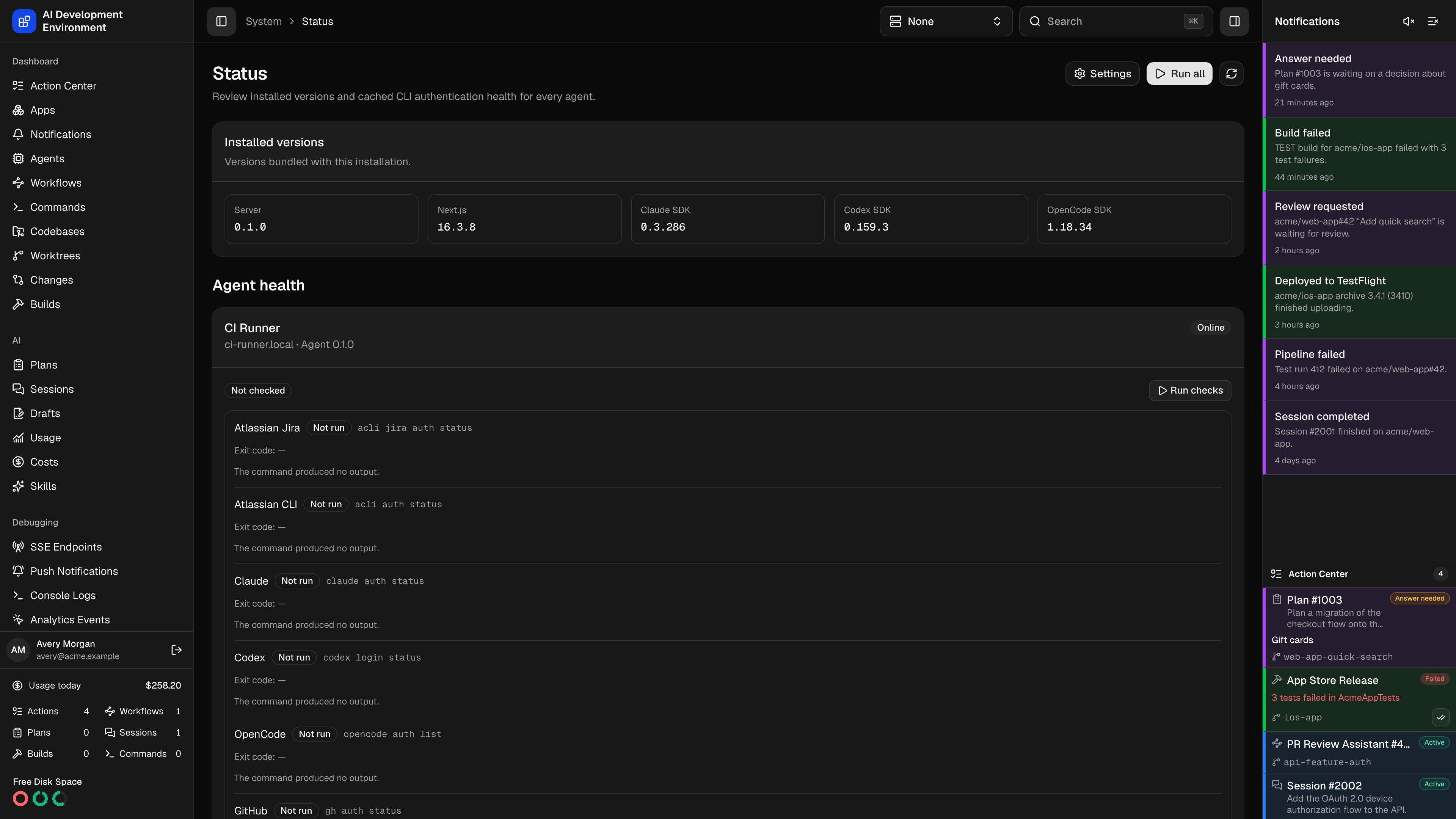 System Status page in dark theme