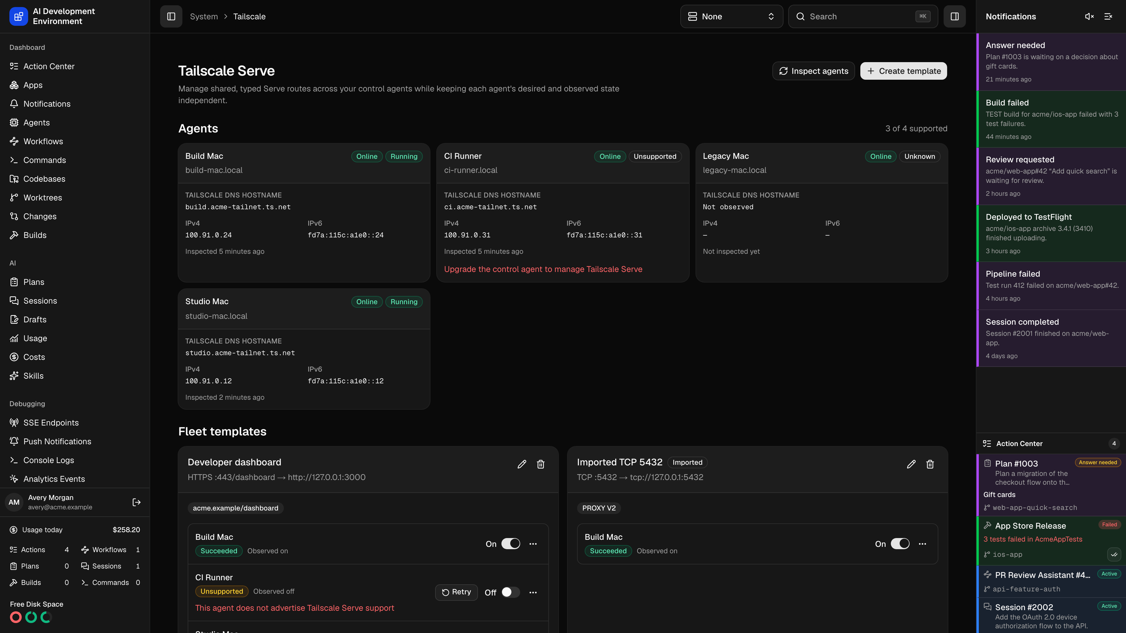 Tailscale Serve fleet management in dark theme