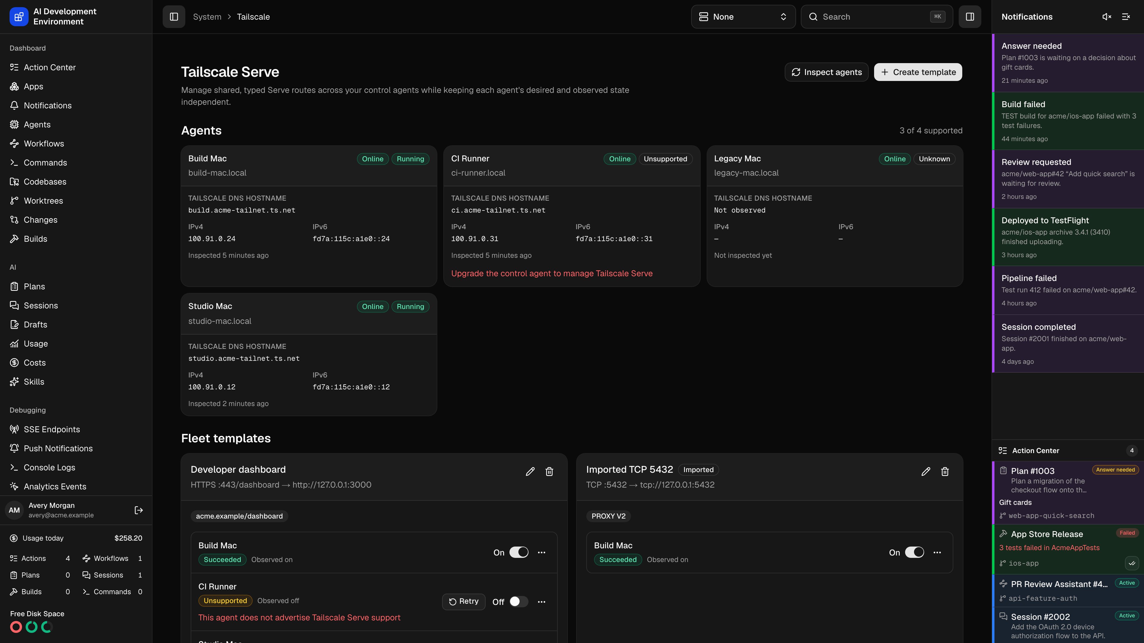 Tailscale Serve fleet management in dark theme