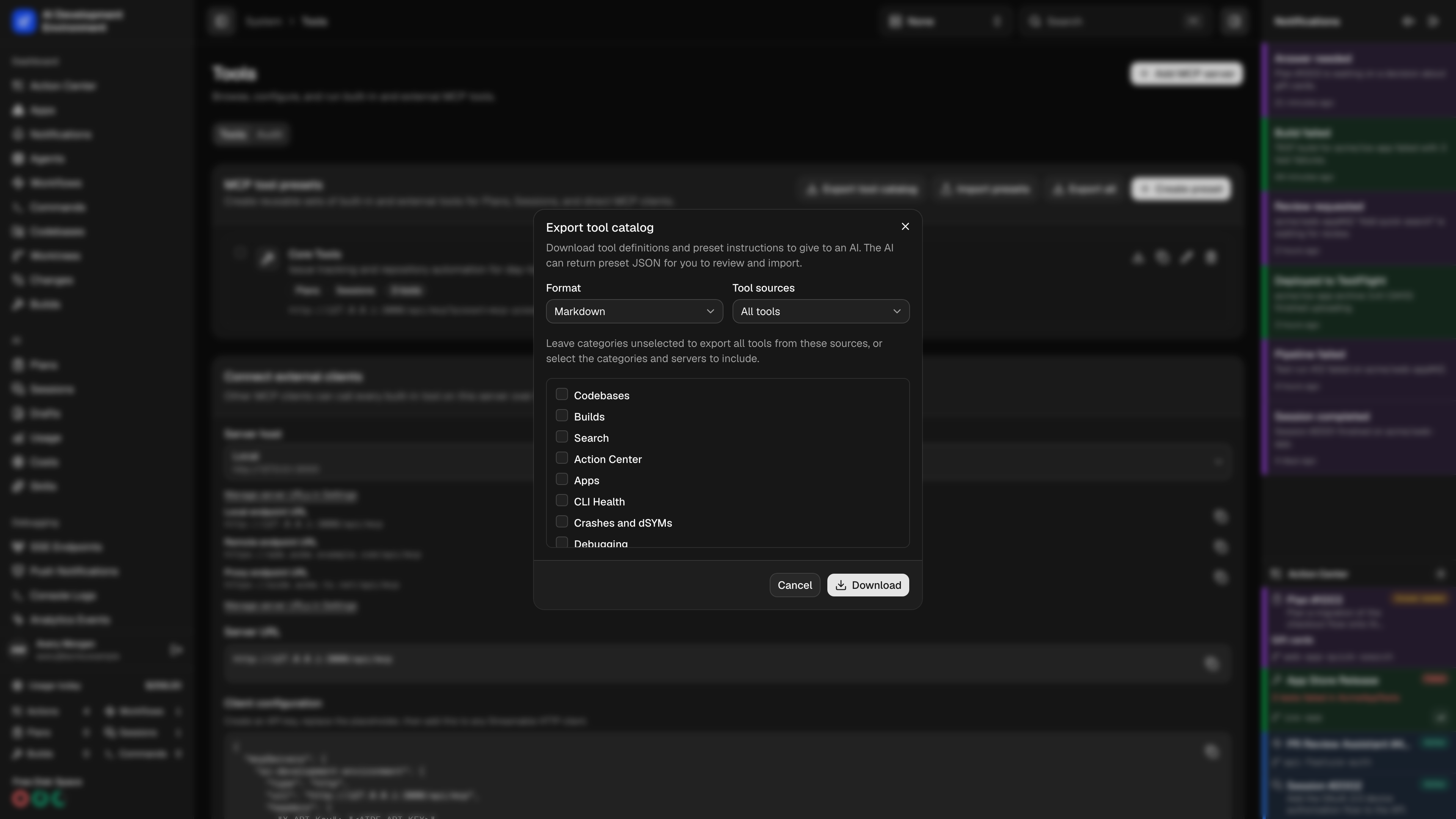 Tool catalog export format and source selection in dark theme
