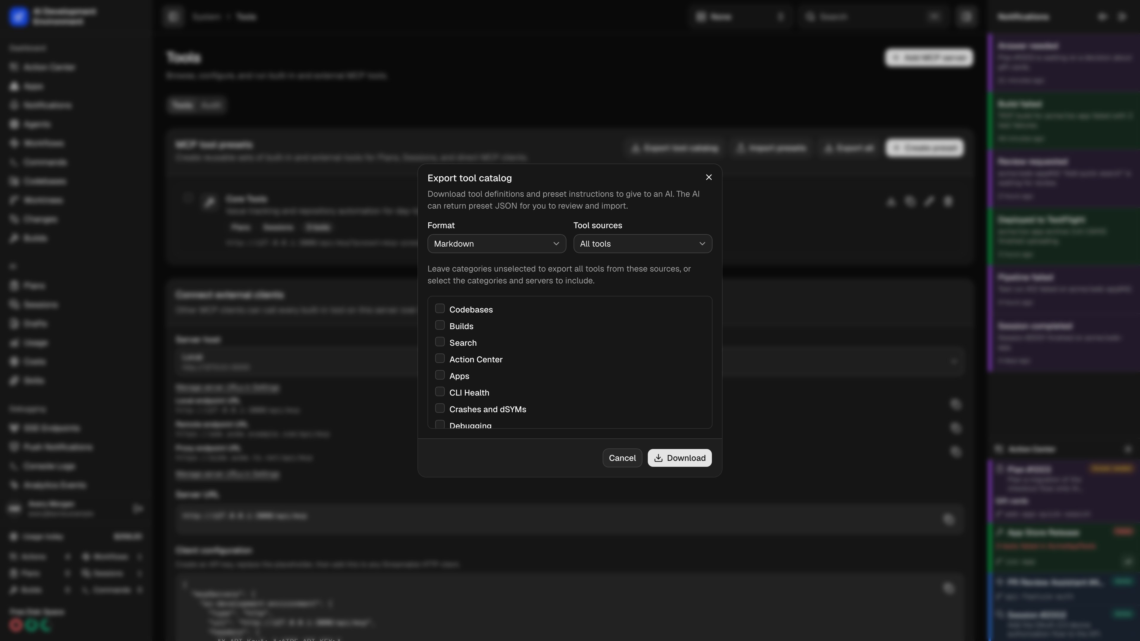 Tool catalog export format and source selection in dark theme