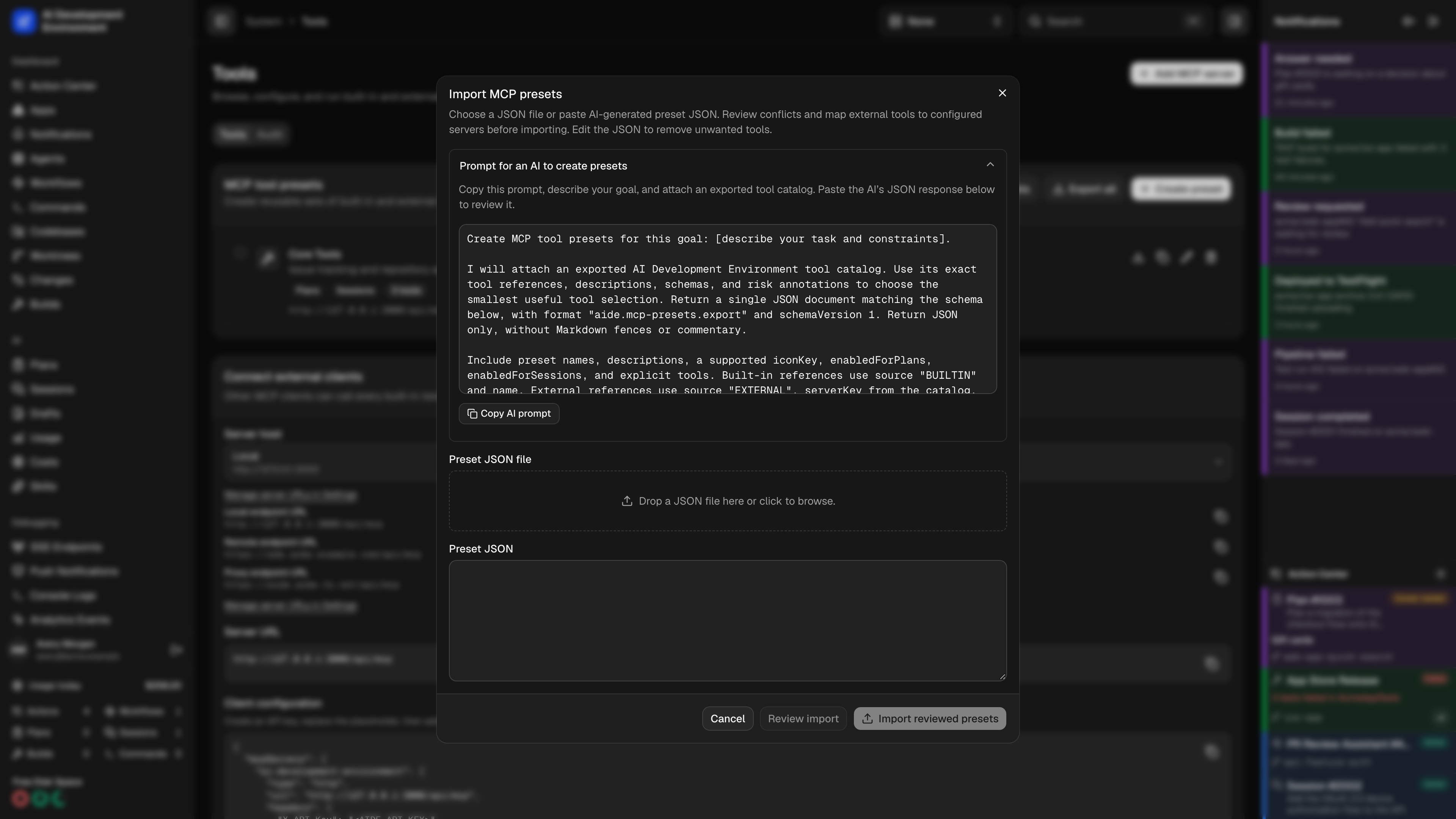 Expandable AI preset prompt with copy action in dark theme
