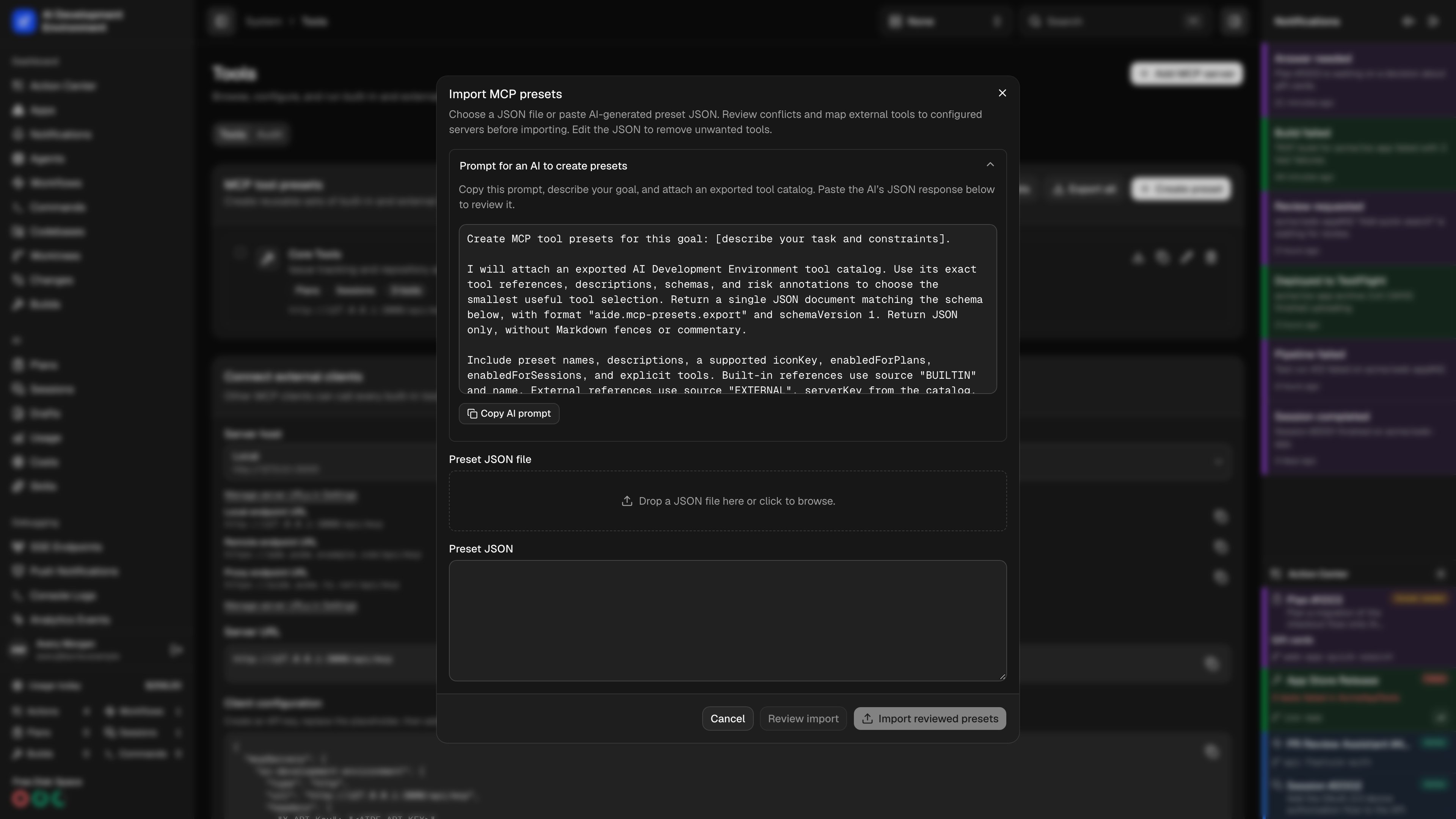 Expandable AI preset prompt with copy action in dark theme