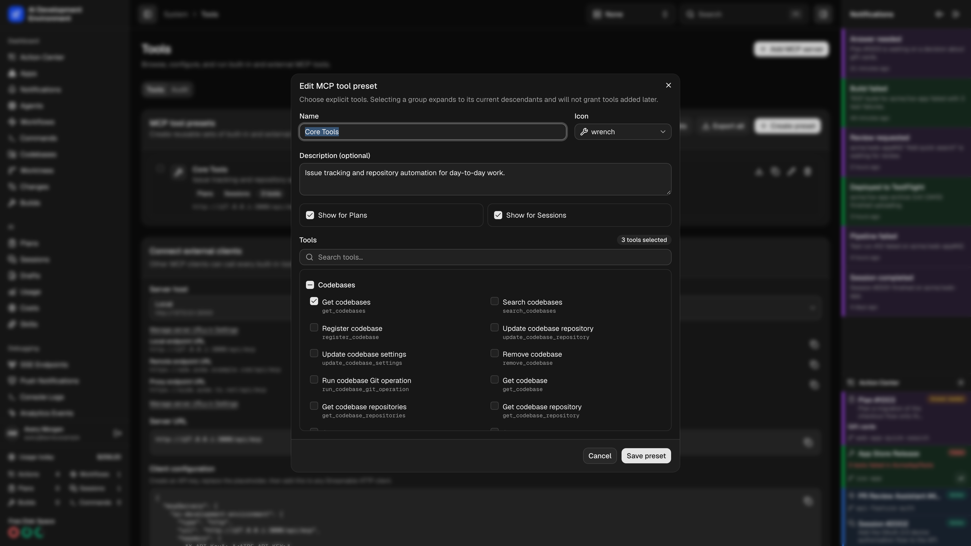 MCP preset editor with built-in and external tool selections in dark theme