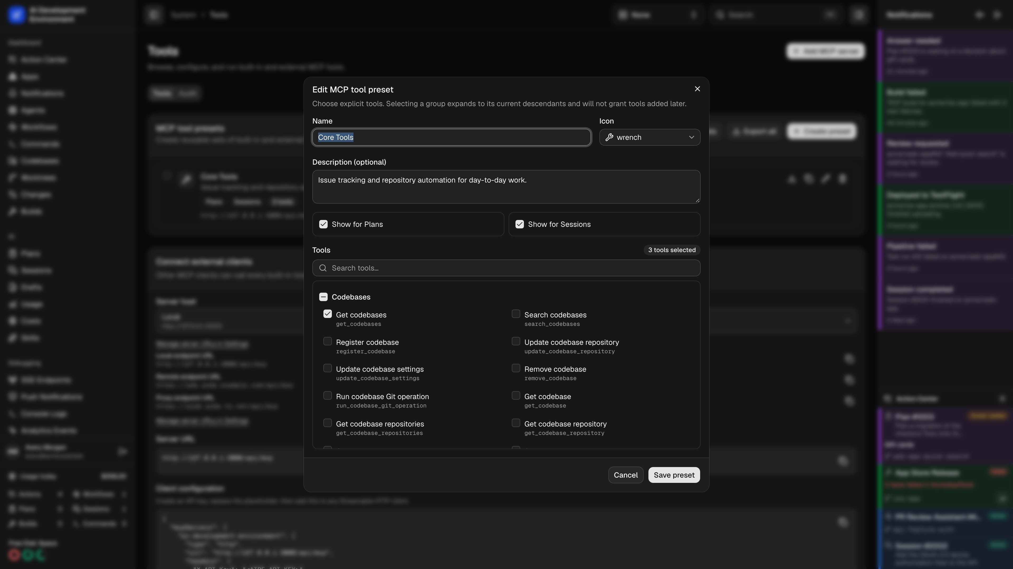 MCP preset editor with built-in and external tool selections in dark theme