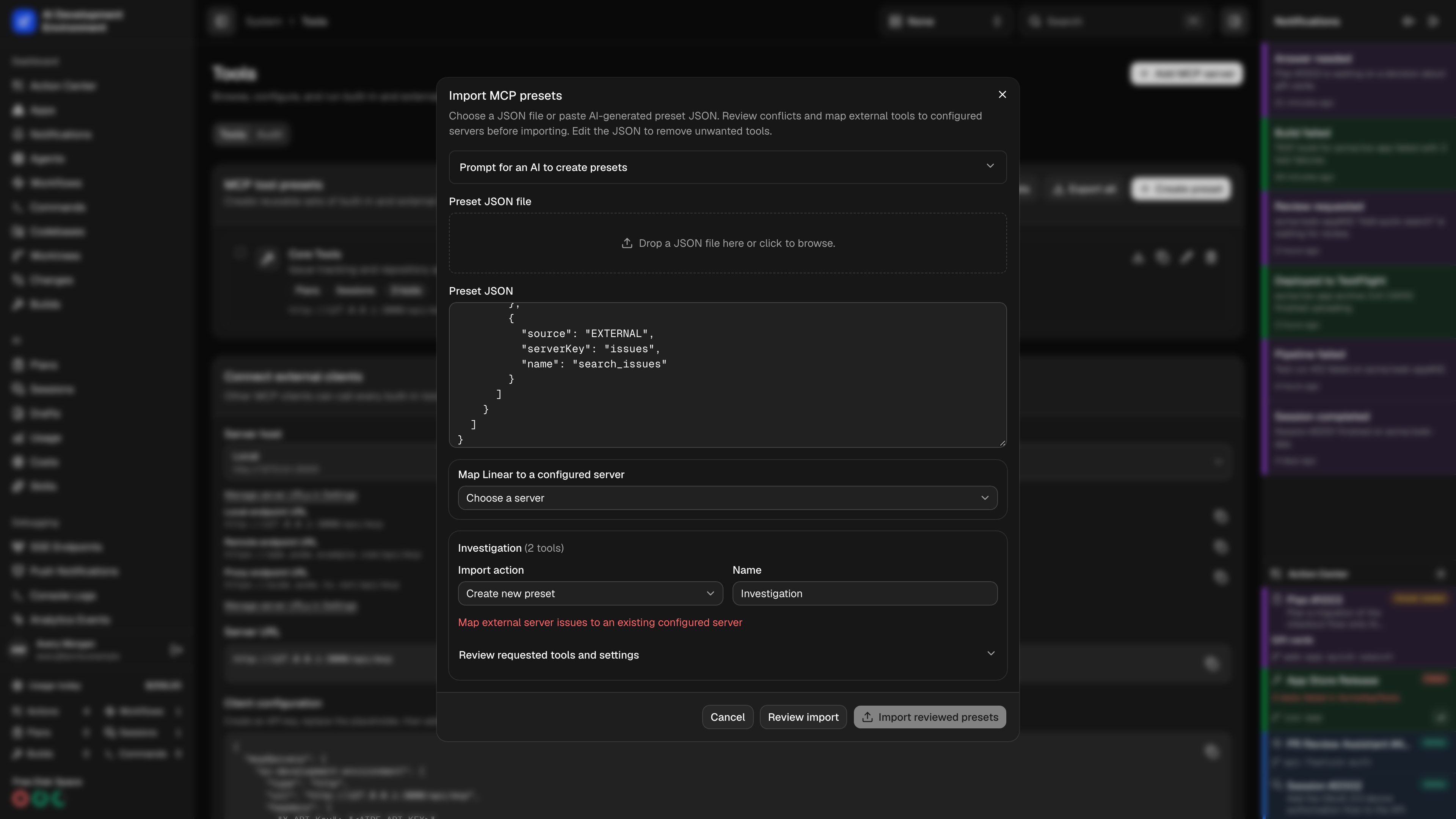 MCP preset import review and server mapping in dark theme