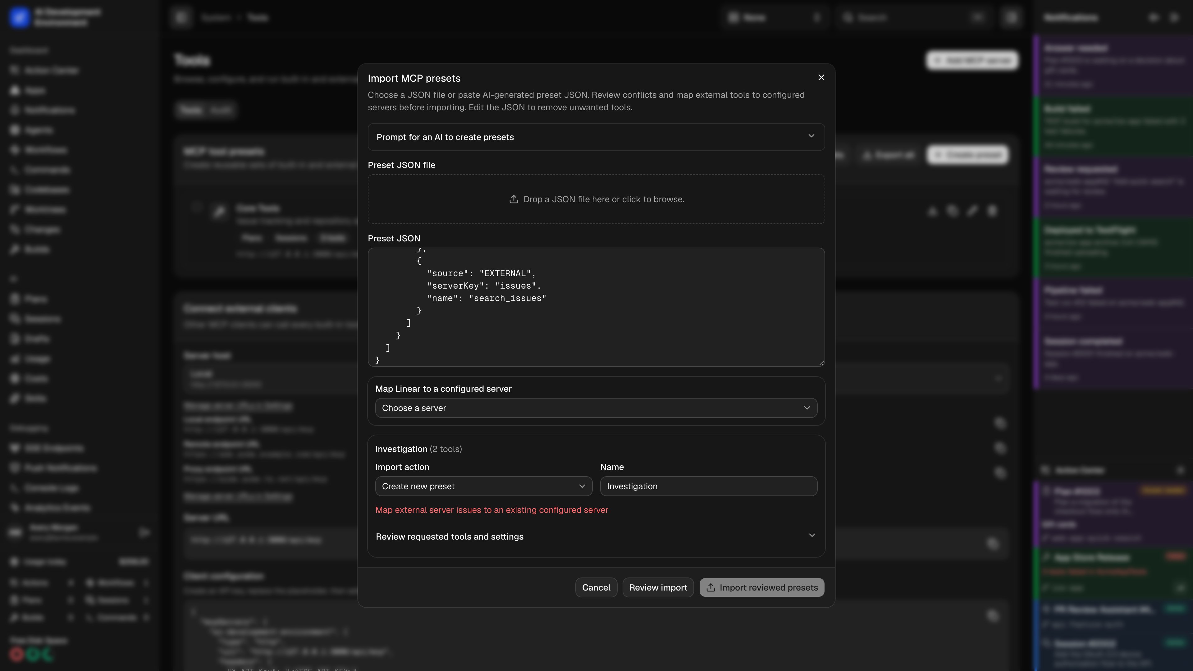 MCP preset import review and server mapping in dark theme