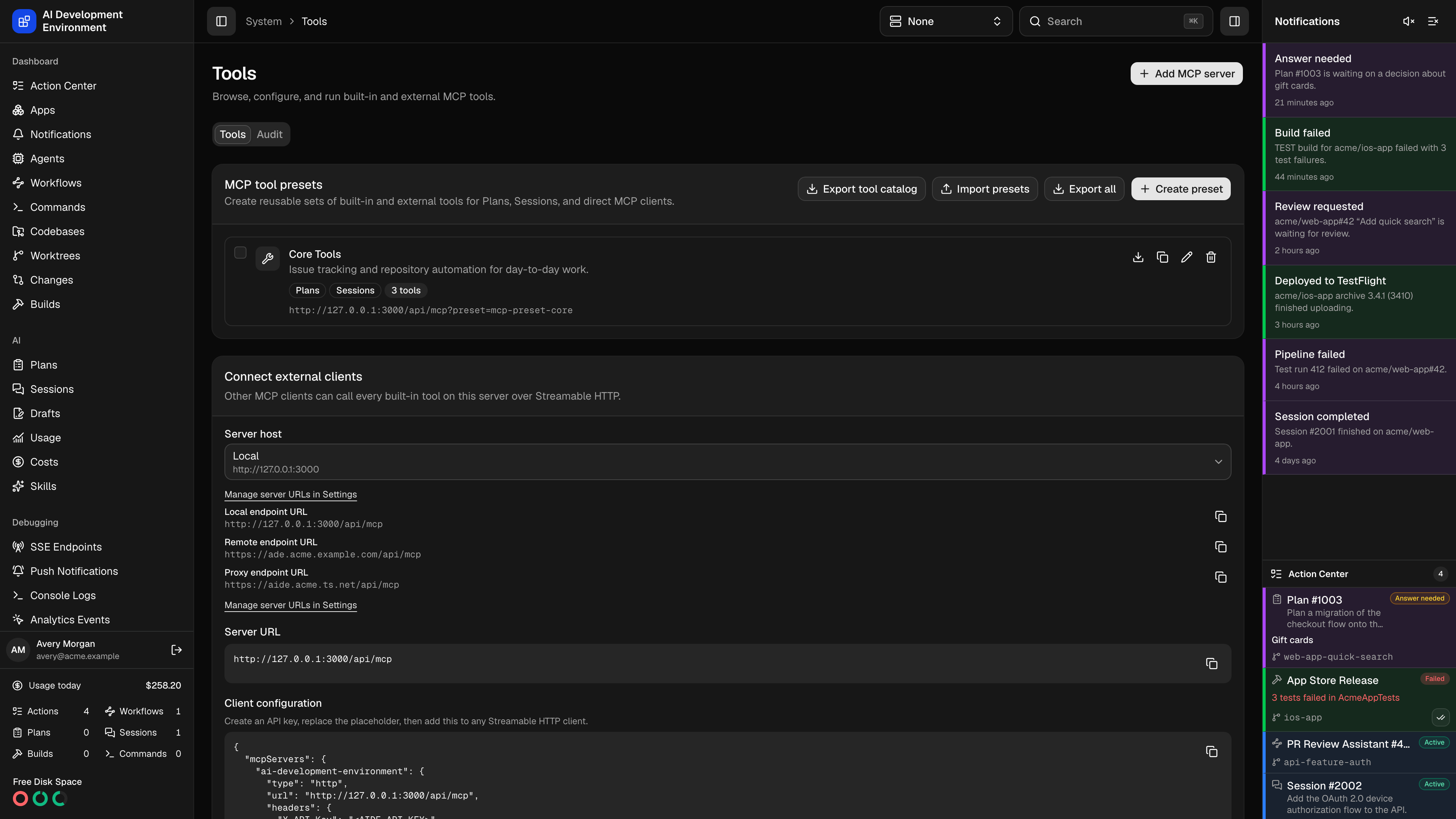 Tools page in dark theme
