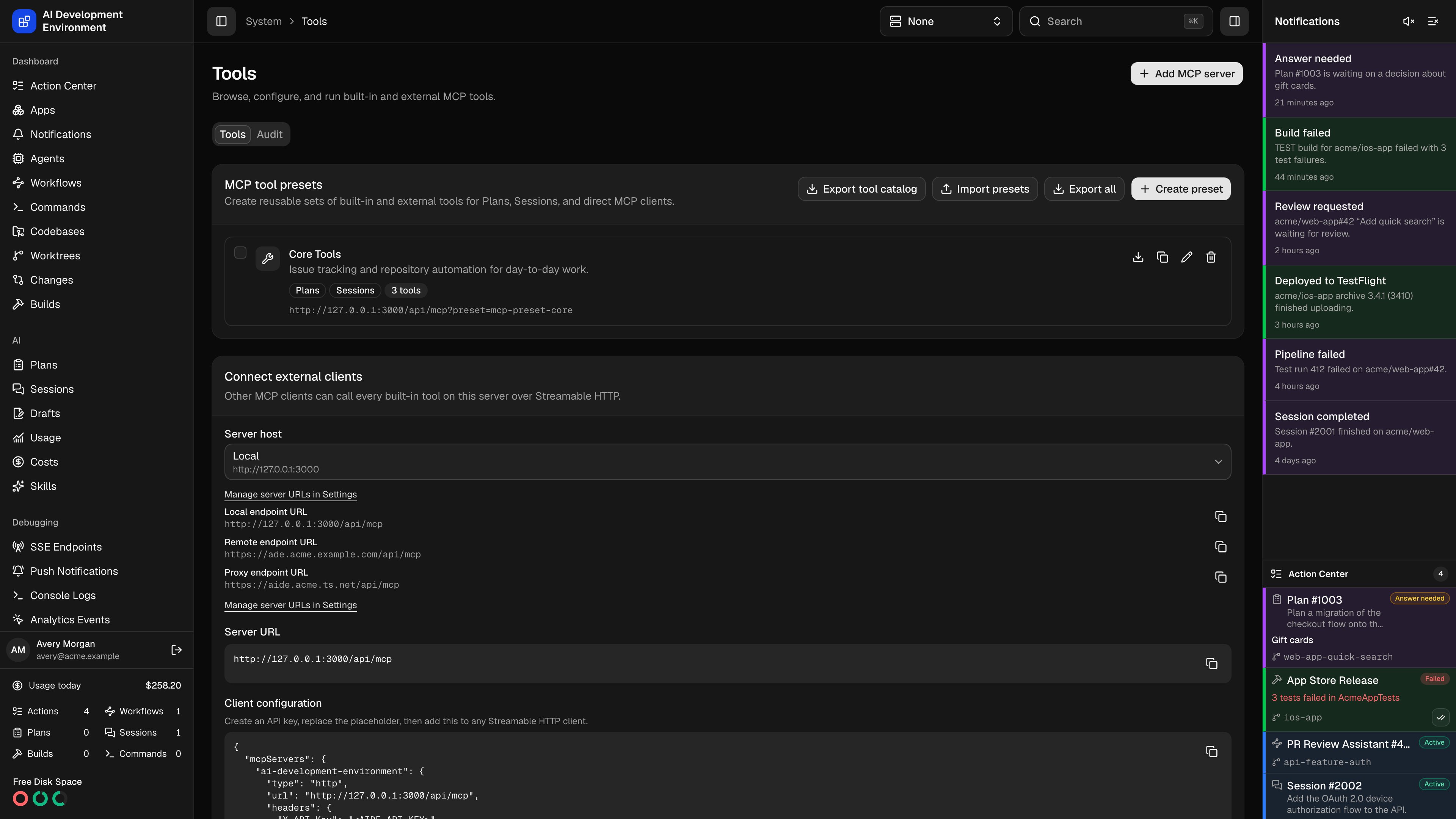 Tools page in dark theme