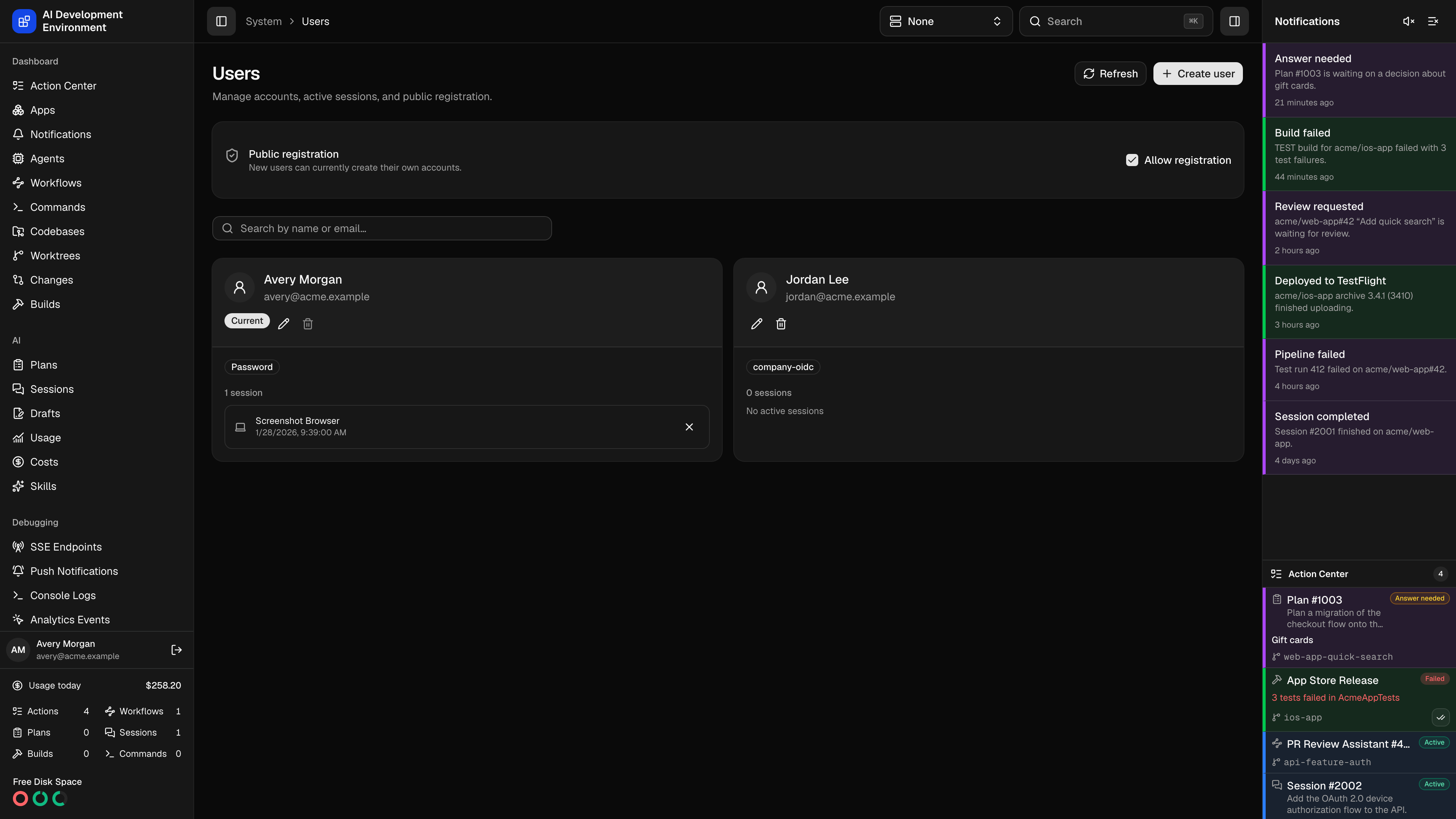 Users page in dark theme