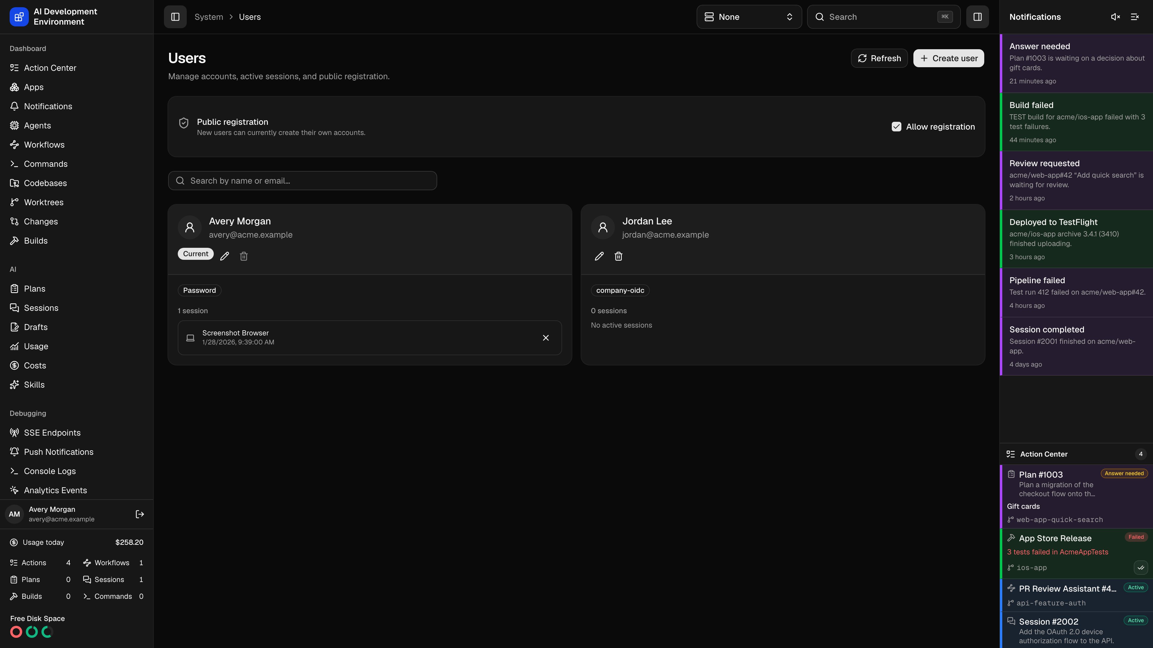 Users page in dark theme