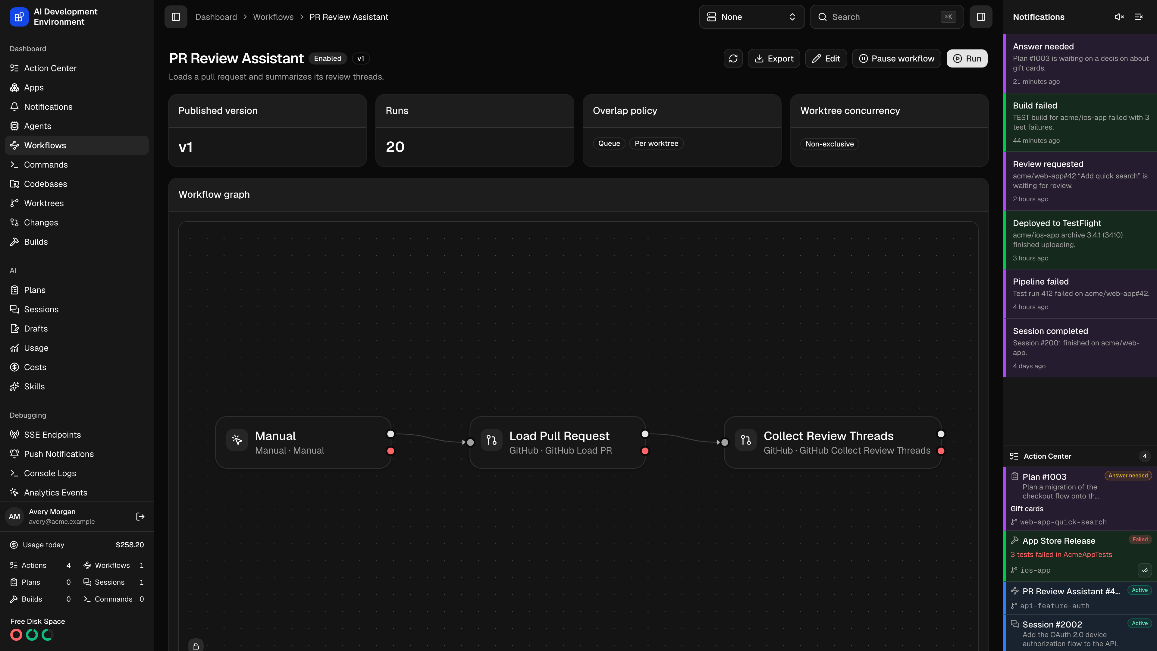 Workflow details in dark theme