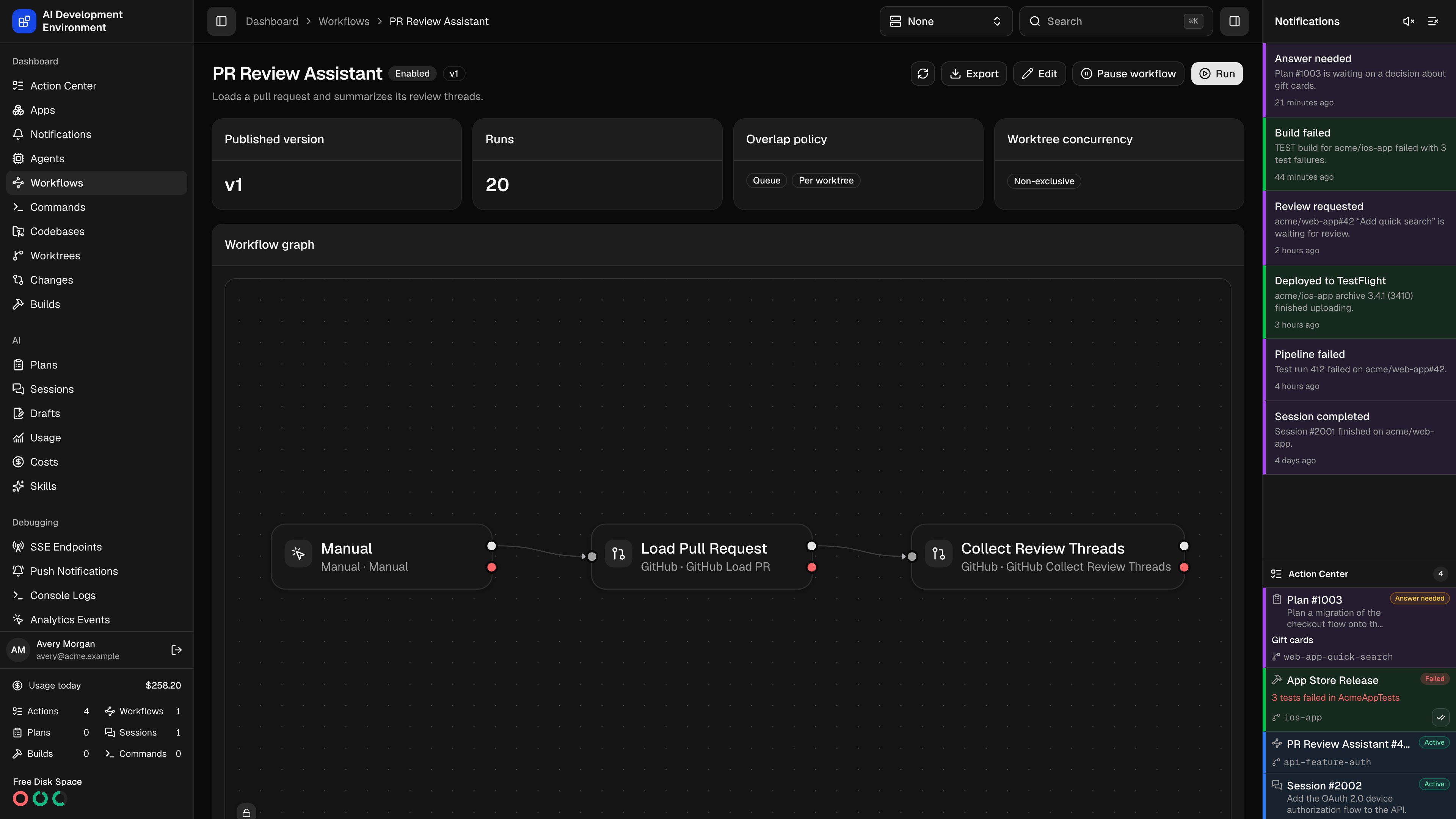 Workflow details in dark theme