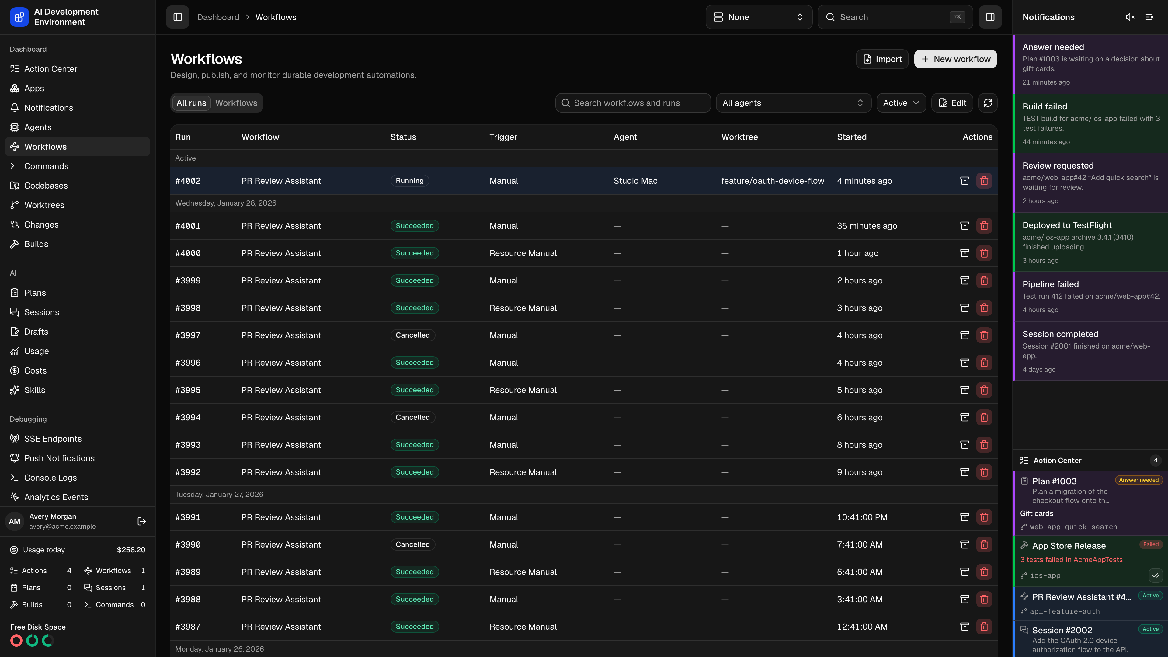 Workflows in dark theme