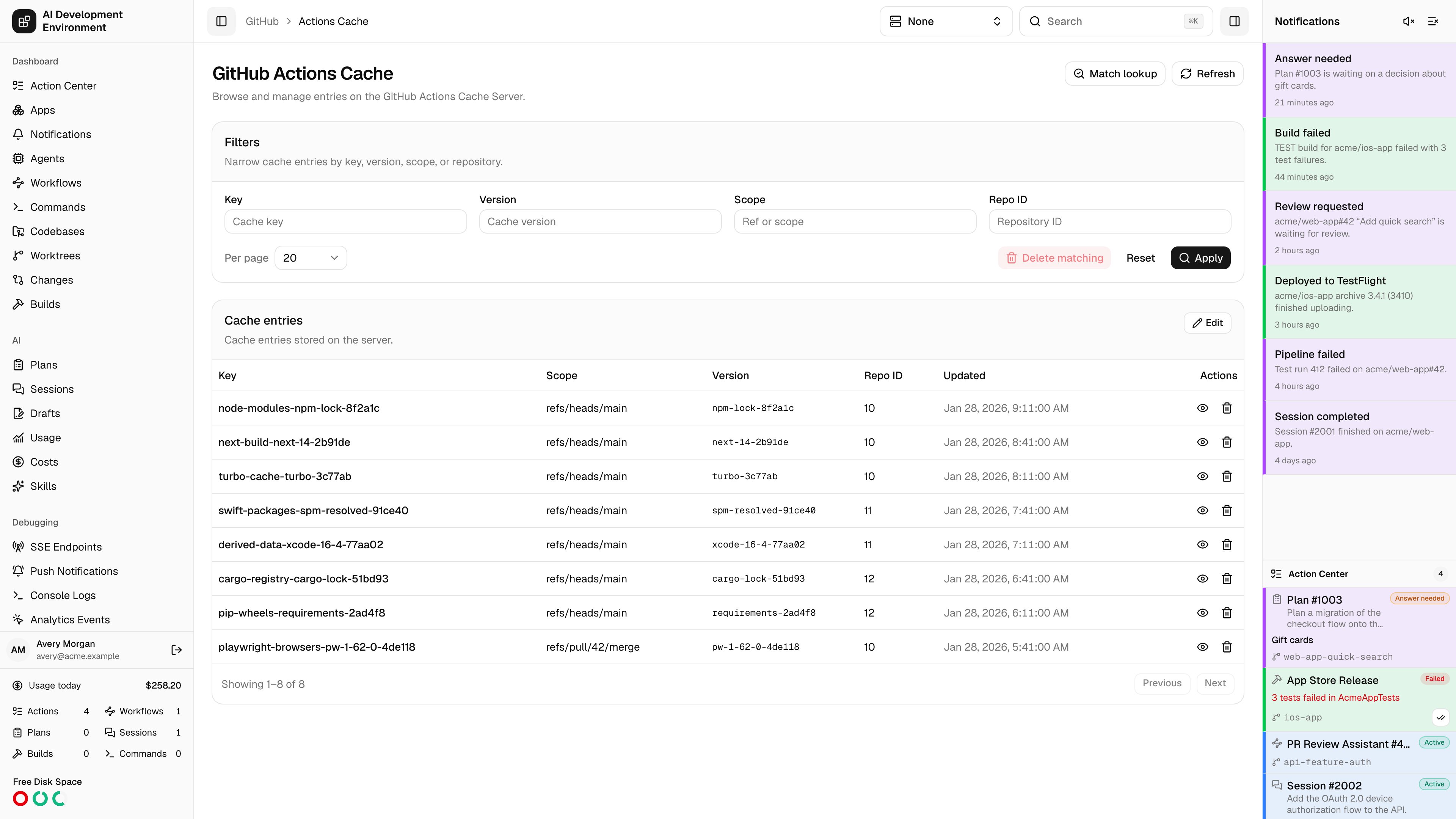Actions Cache in light theme