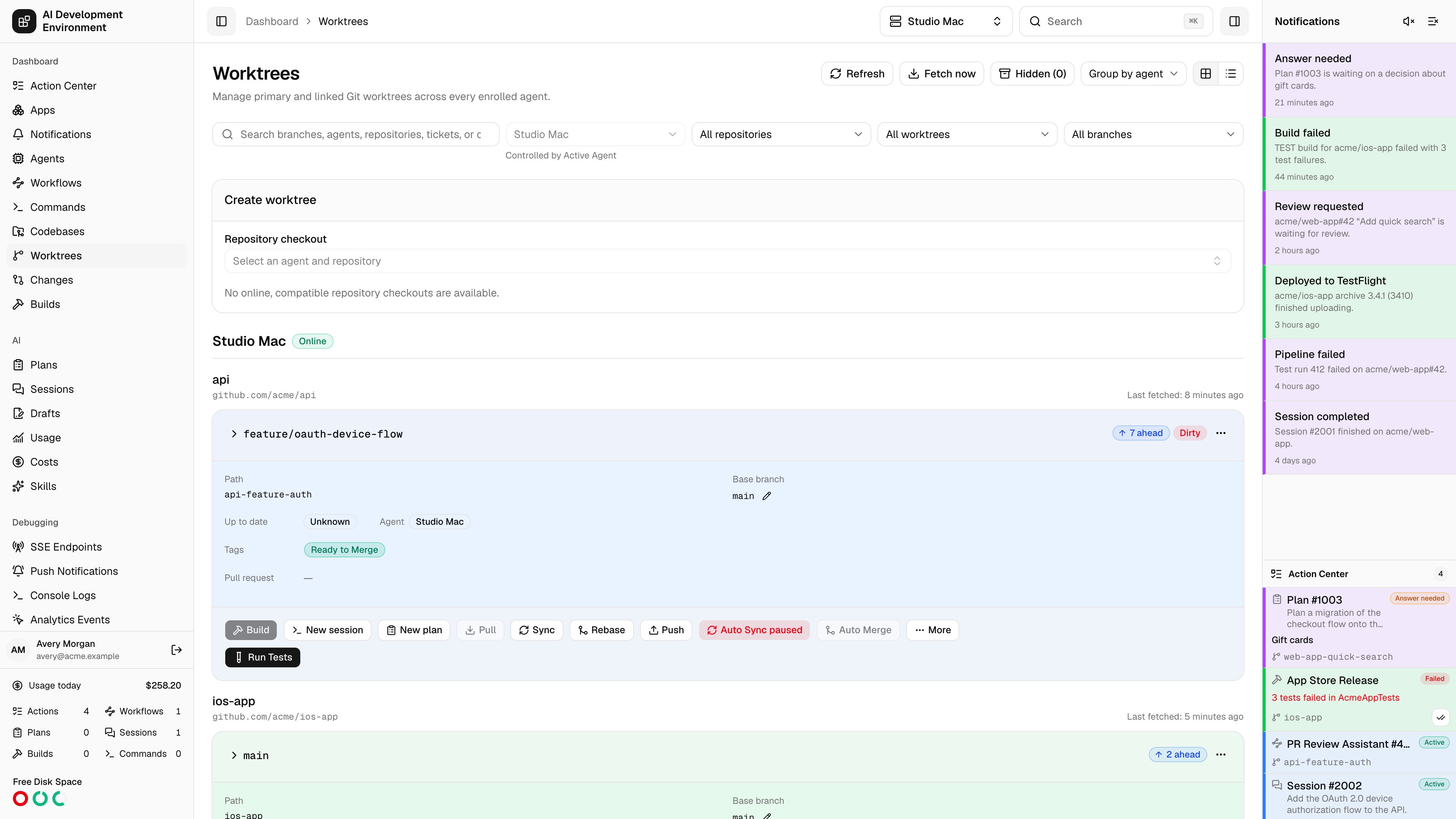 Worktrees filtered by the active agent in light theme