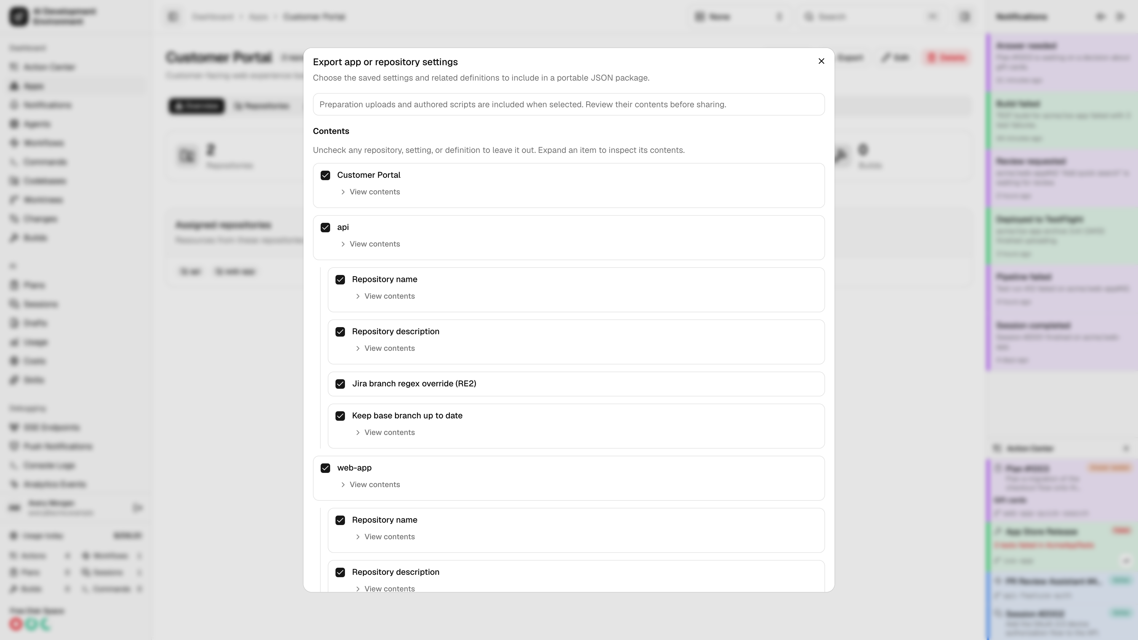 App export selection in light theme
