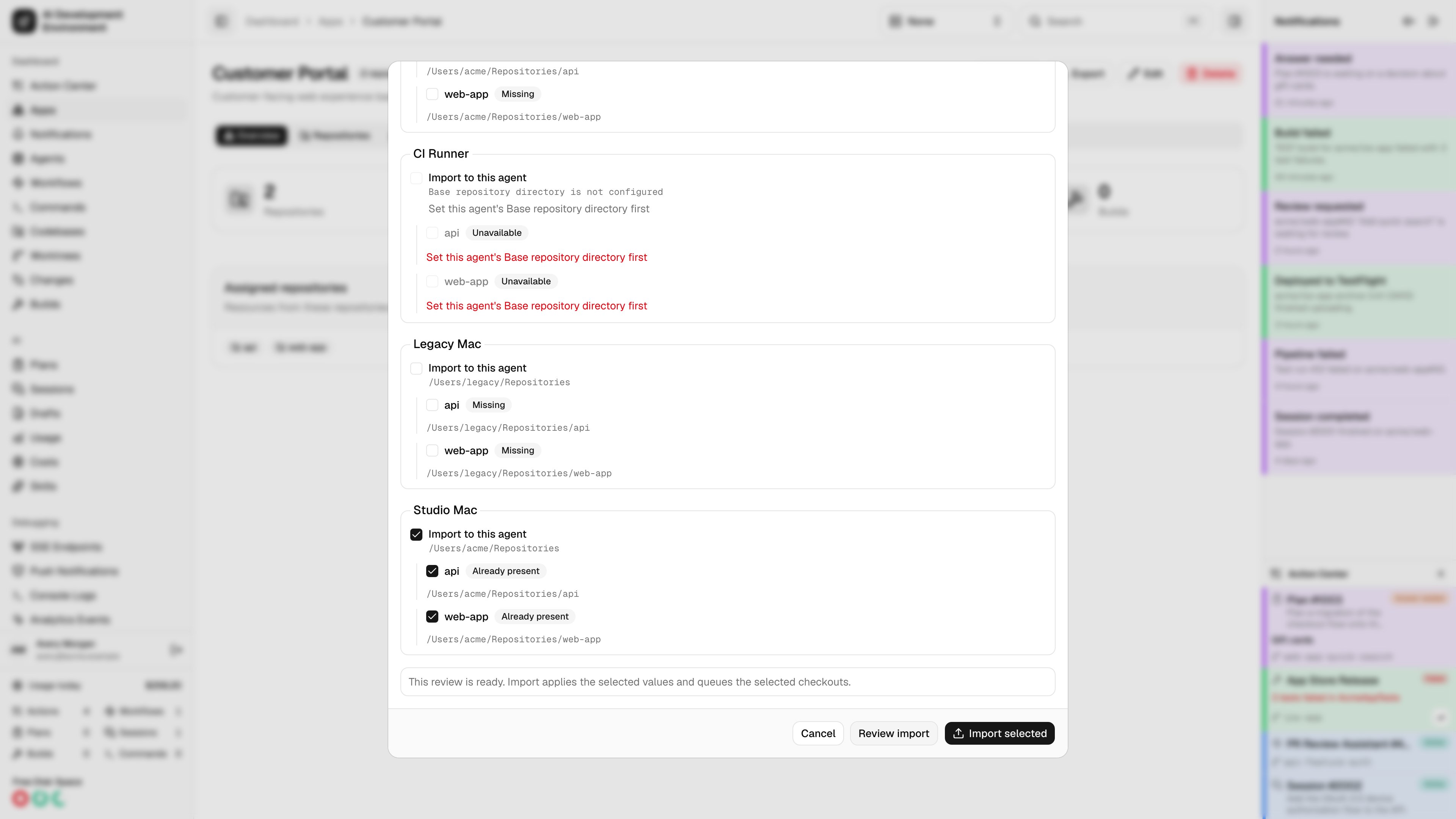 Choosing an import agent with existing repository checkouts in light theme