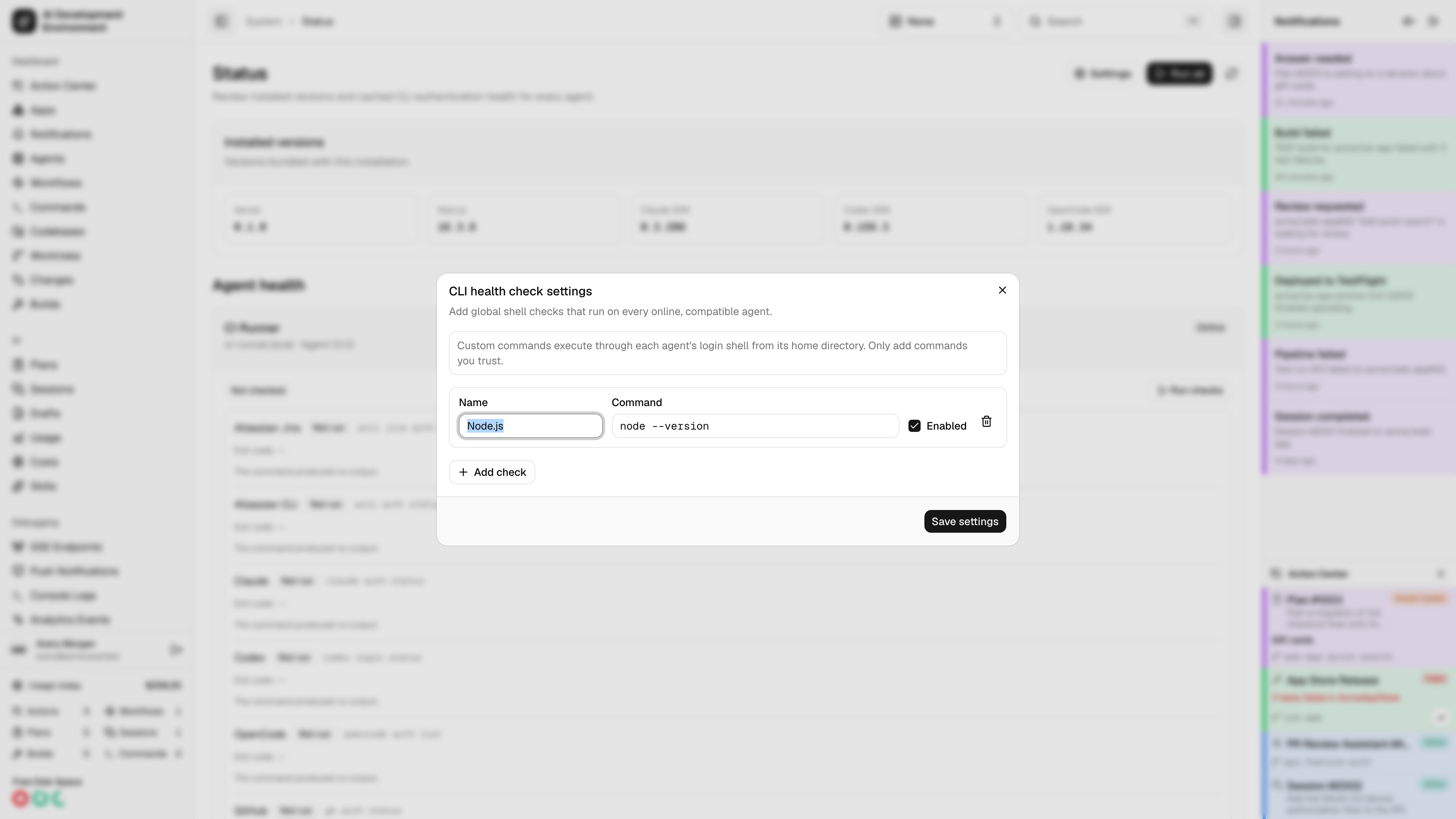 CLI health check settings in light theme