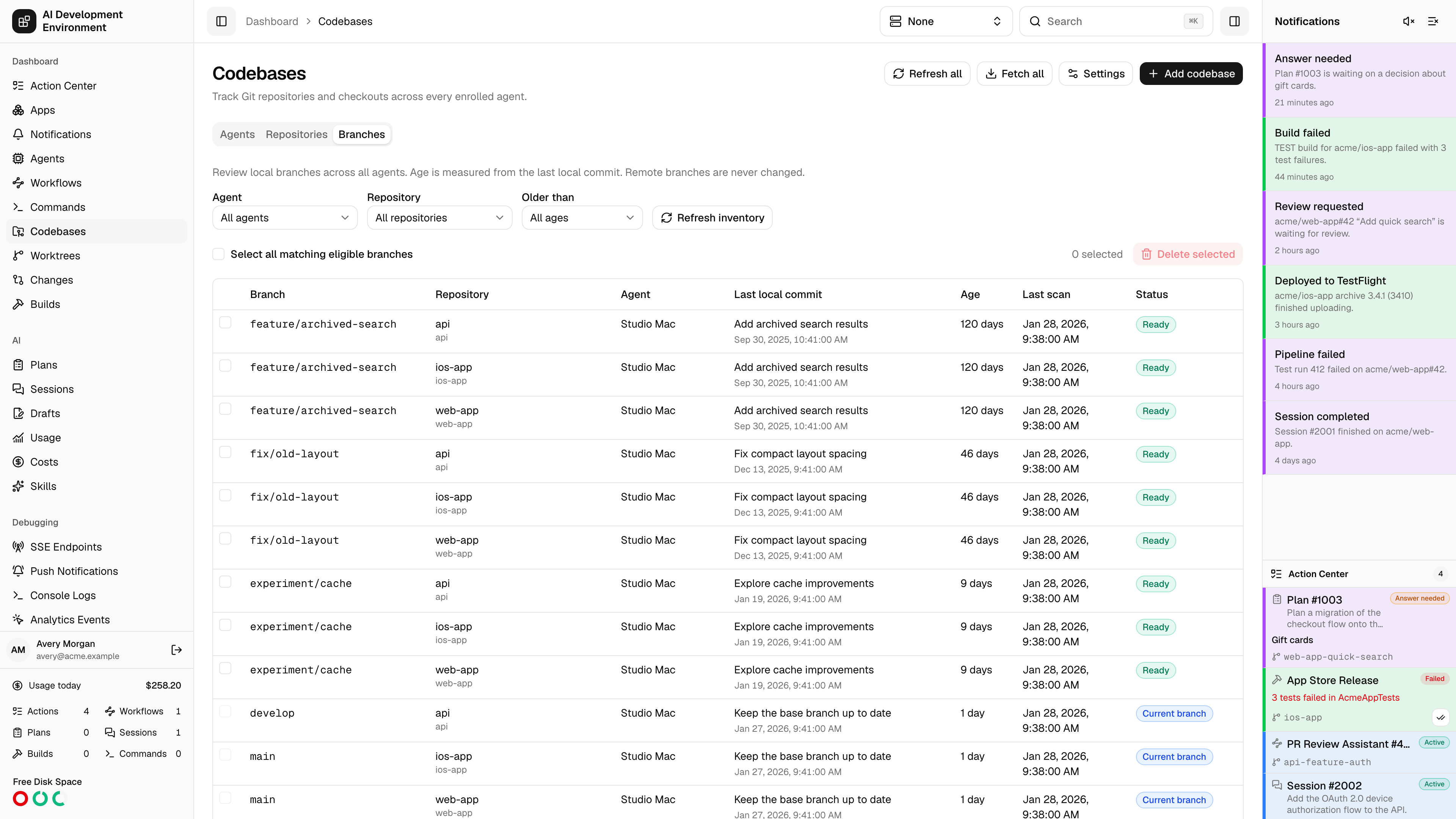 Local branch cleanup tab in light theme