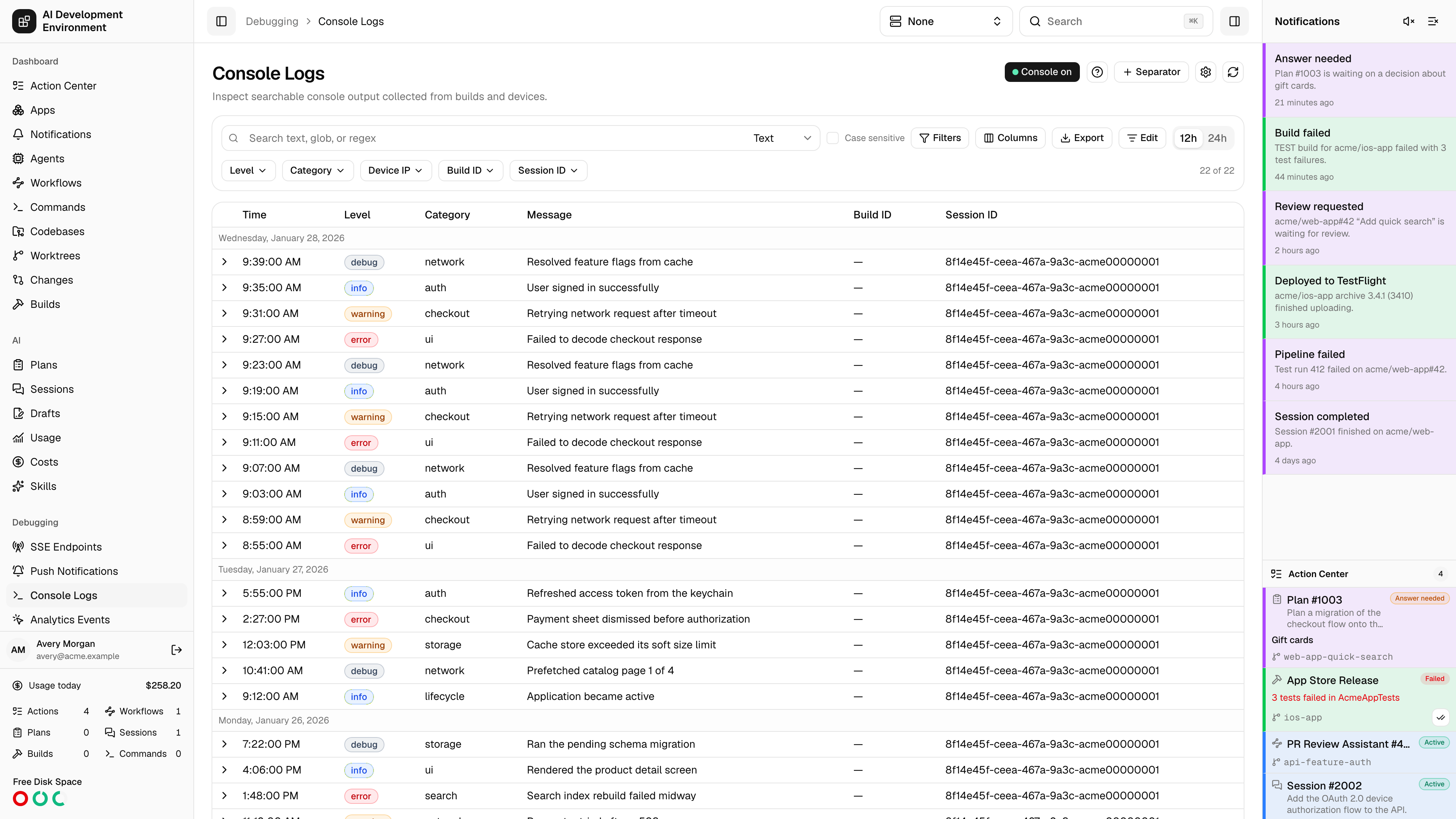 Console Logs in light theme