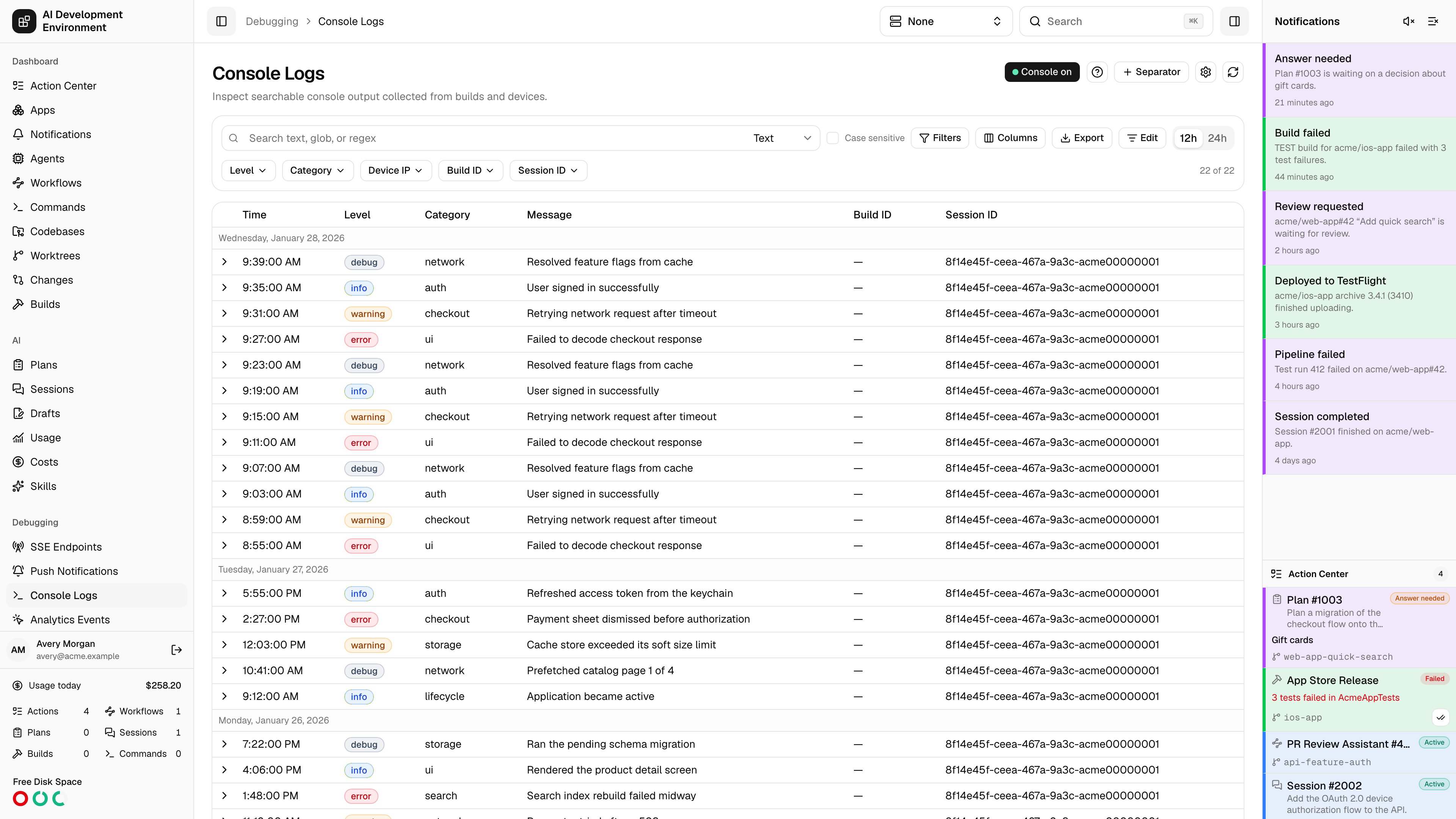 Console Logs in light theme