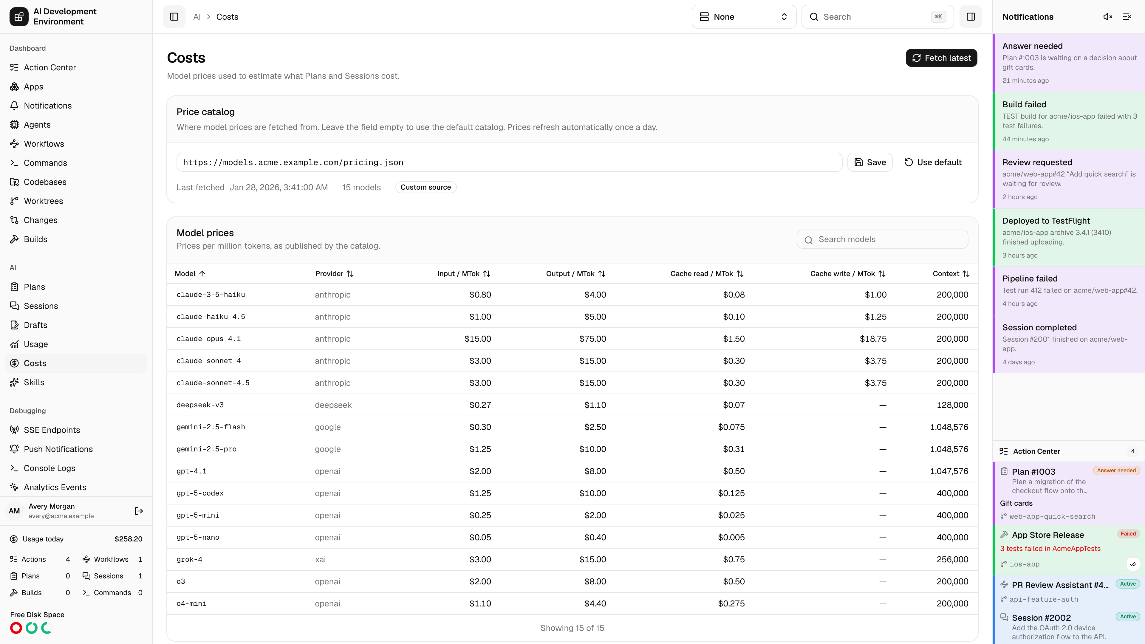 Costs page in light theme