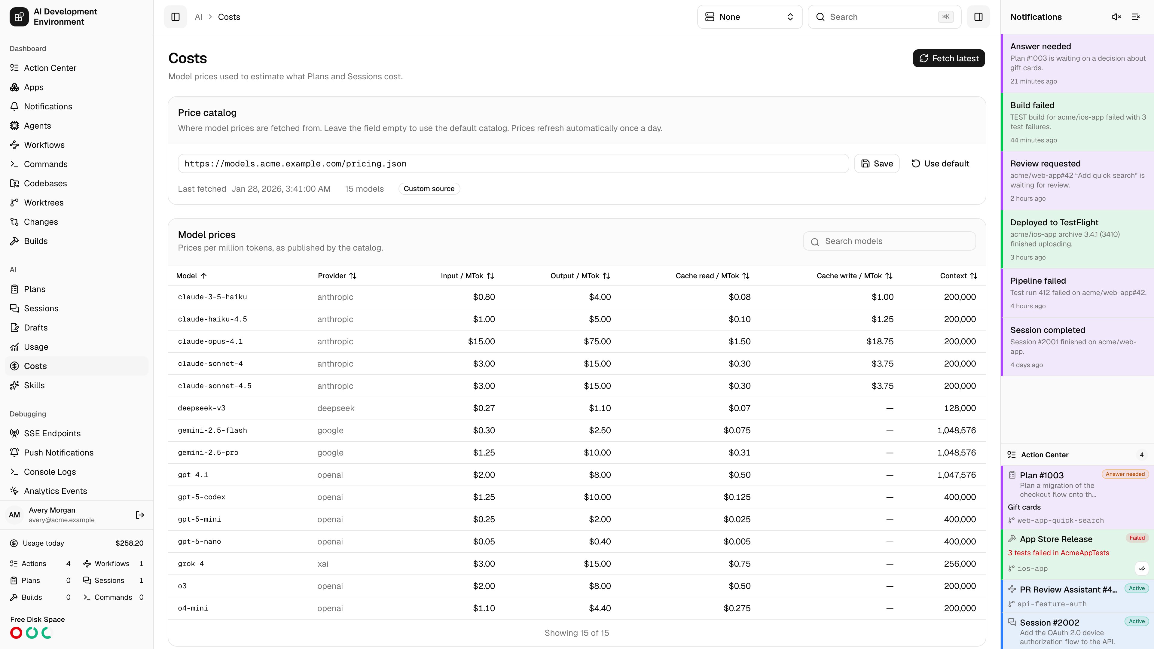 Costs page in light theme