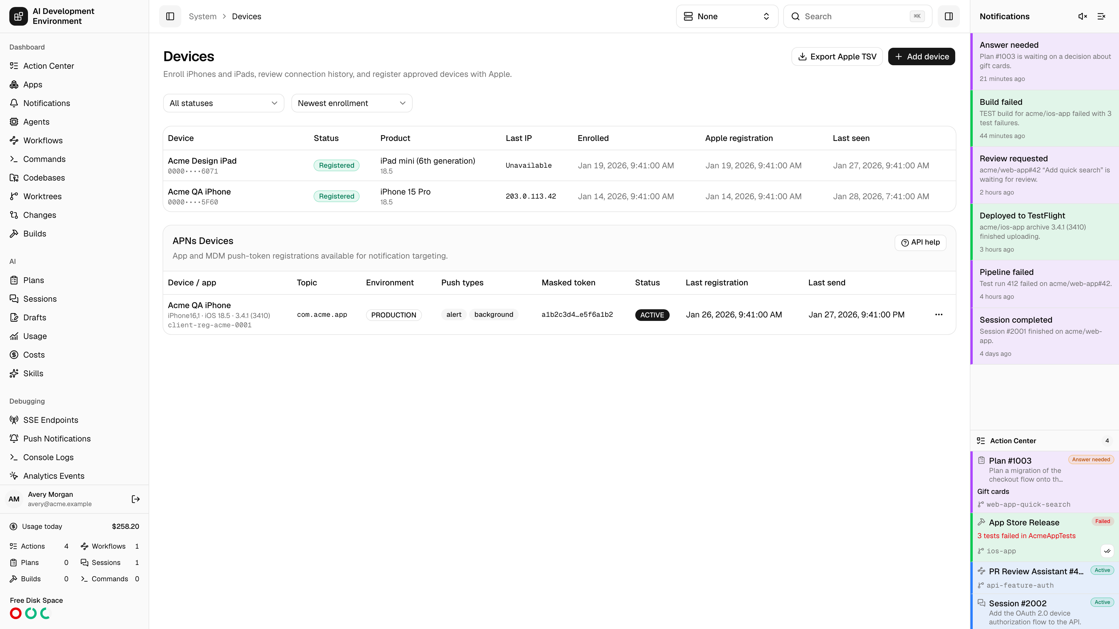 Devices page in light theme