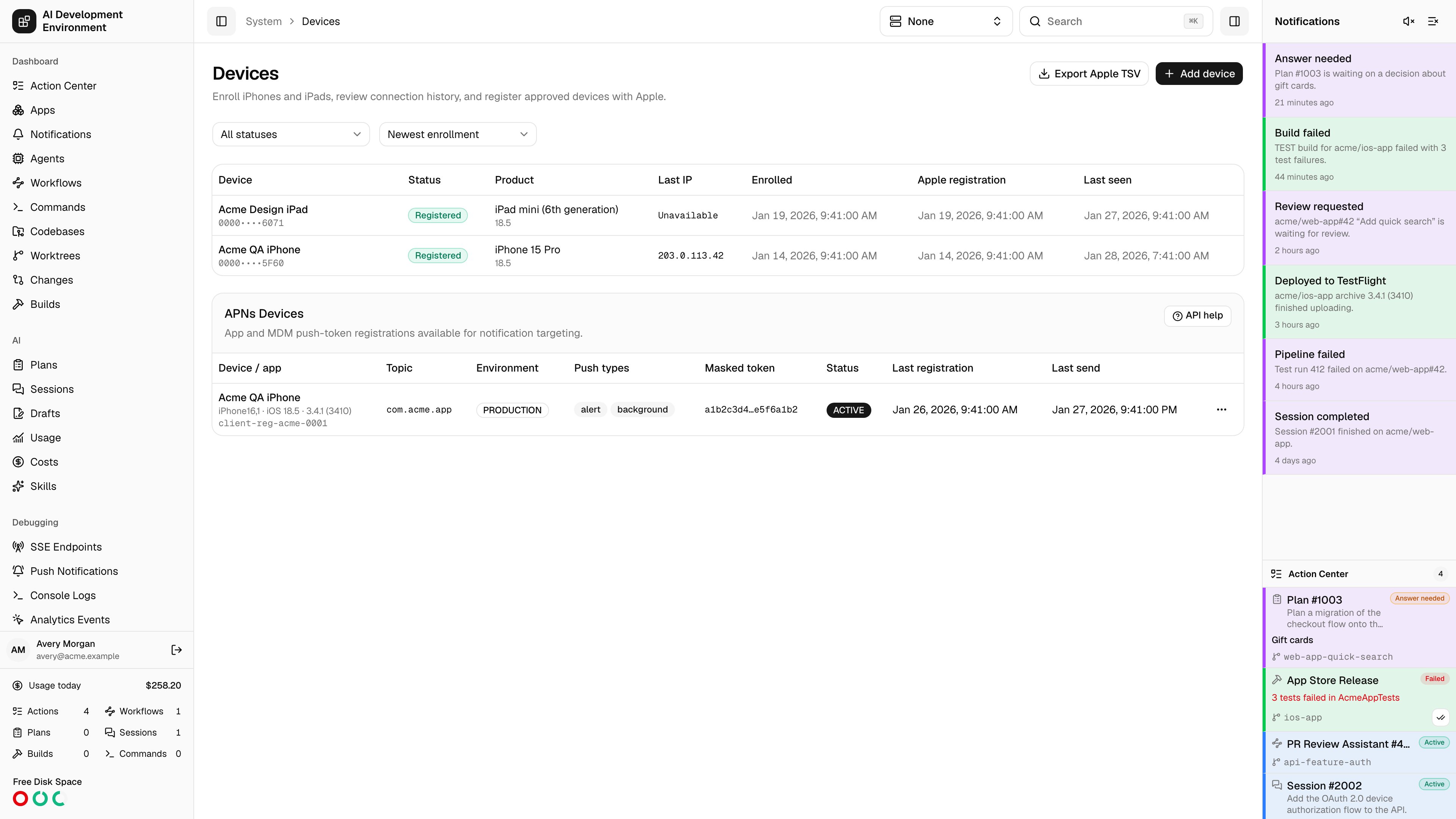 Devices page in light theme