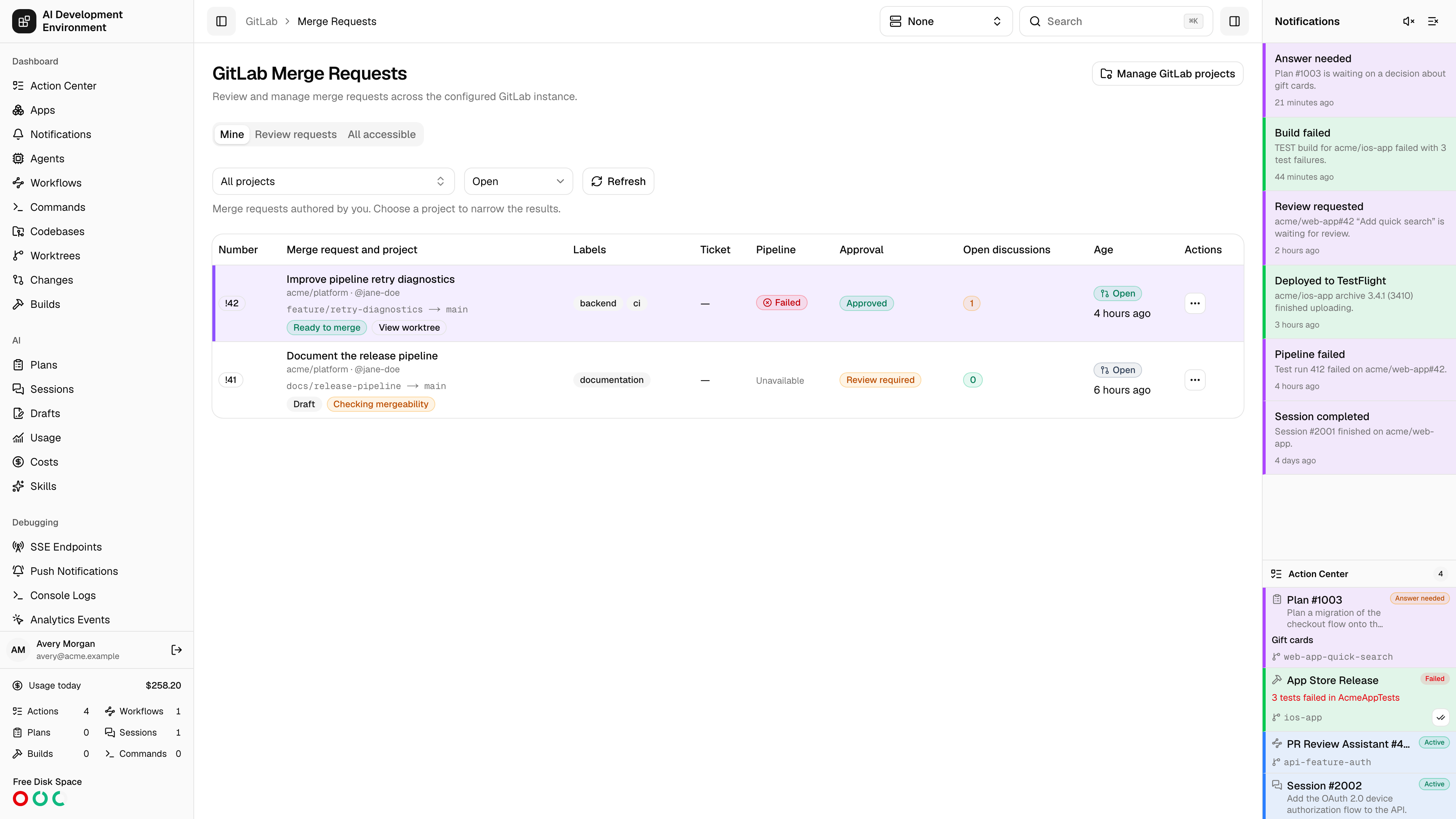GitLab merge requests in light theme