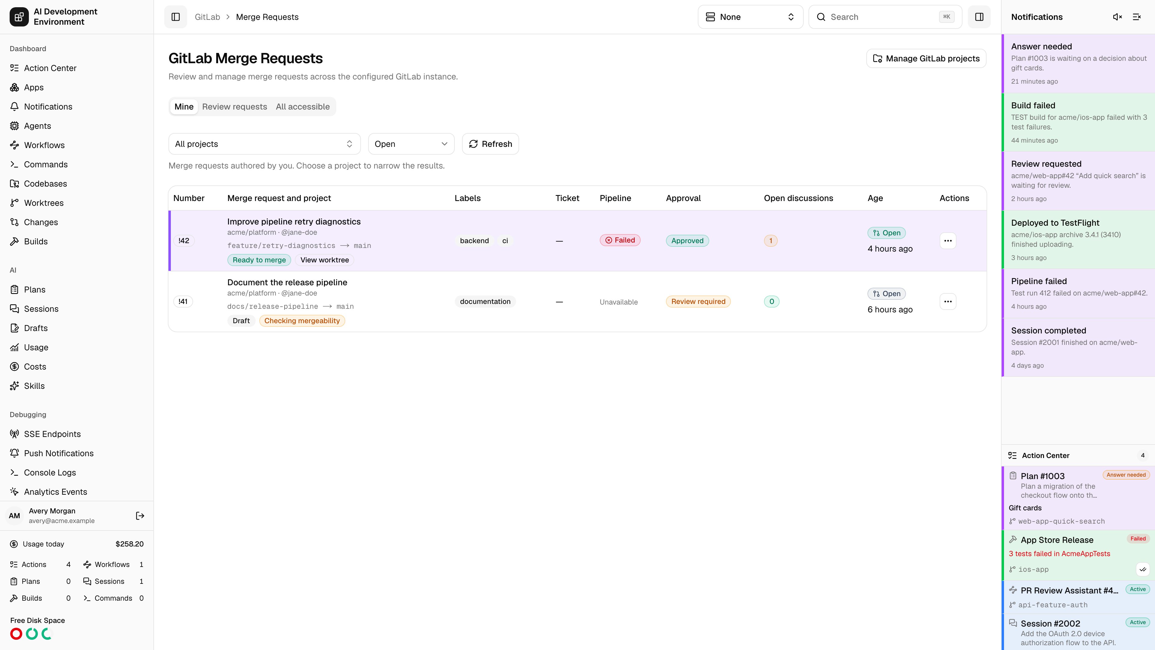 GitLab merge requests in light theme