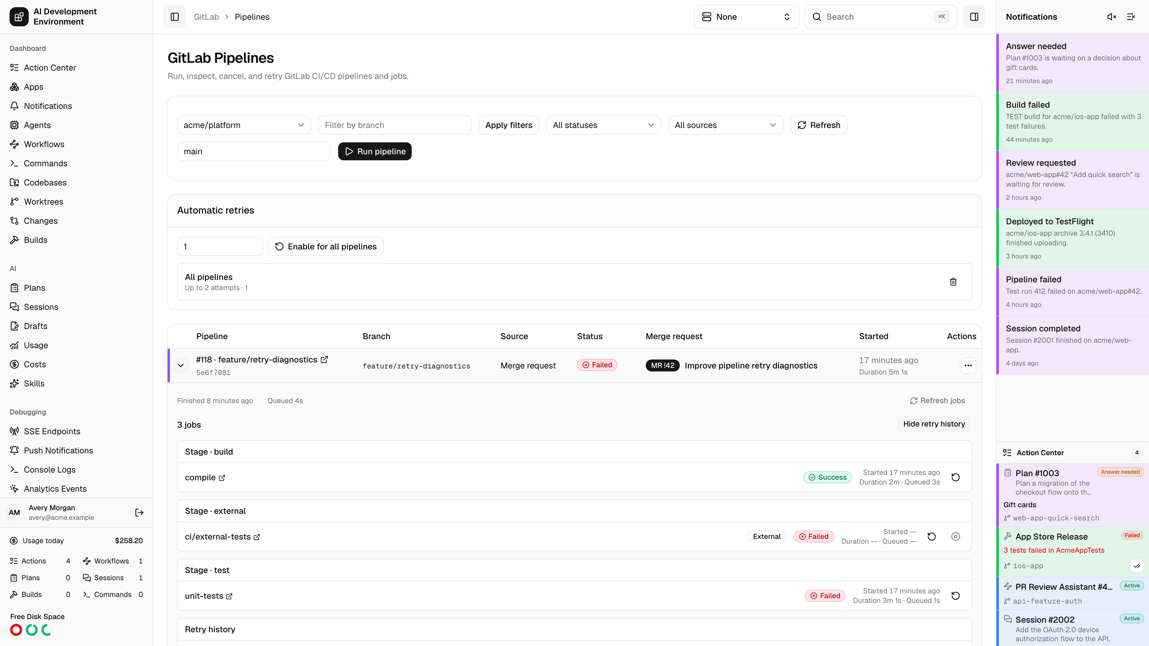 Expanded GitLab pipeline with staged jobs and retry history in light theme
