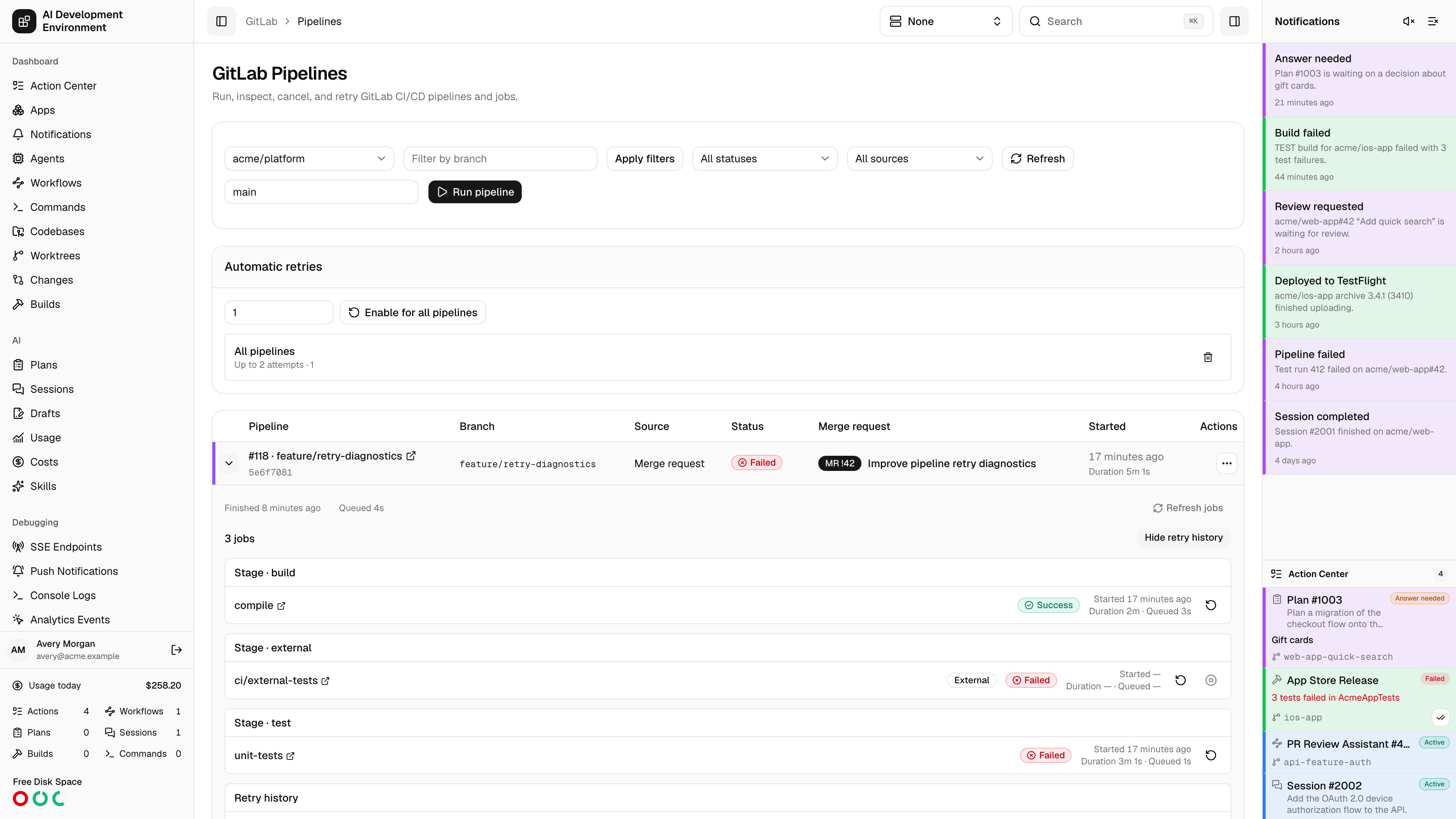 Expanded GitLab pipeline with staged jobs and retry history in light theme