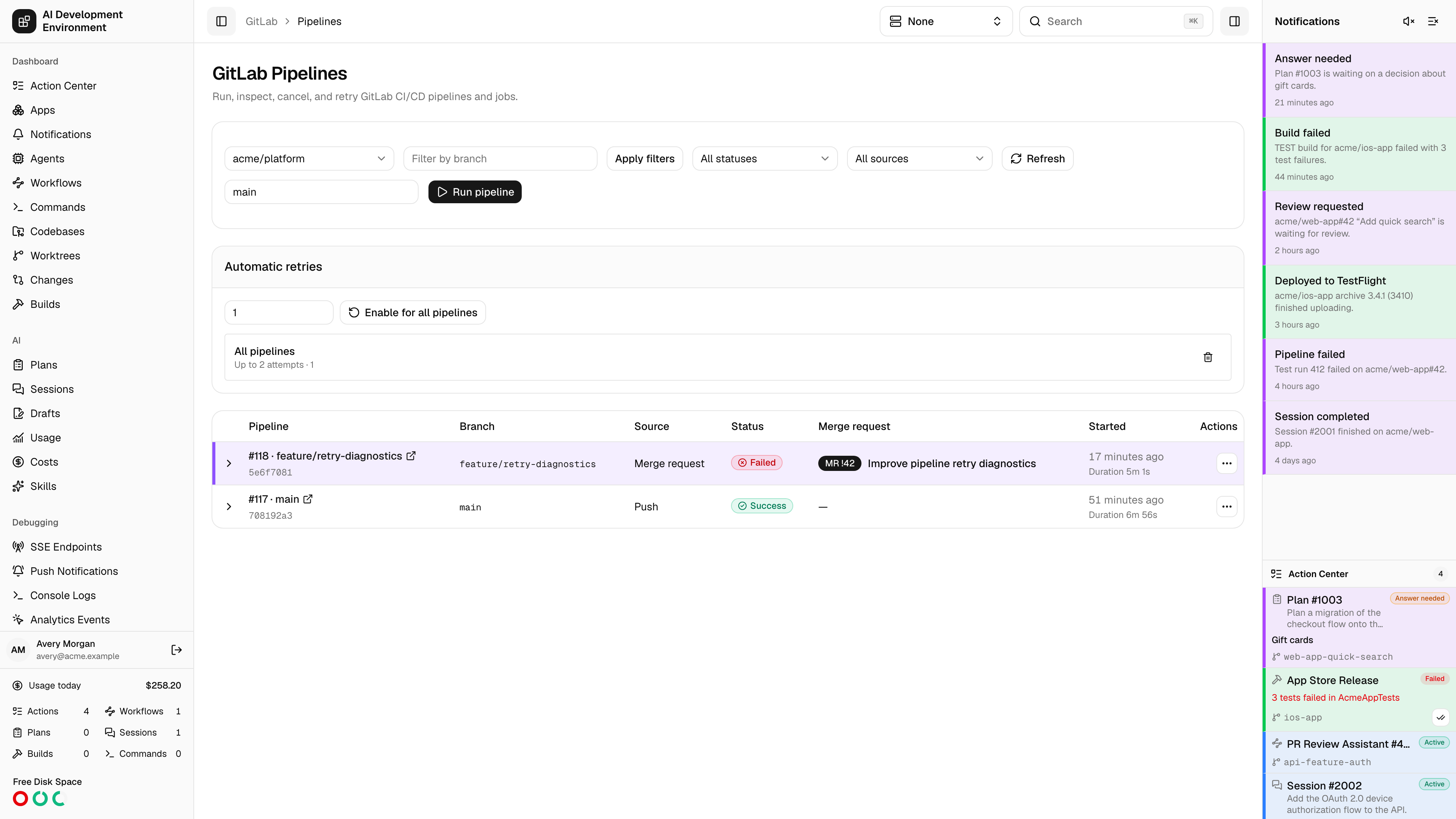 GitLab pipelines table in light theme