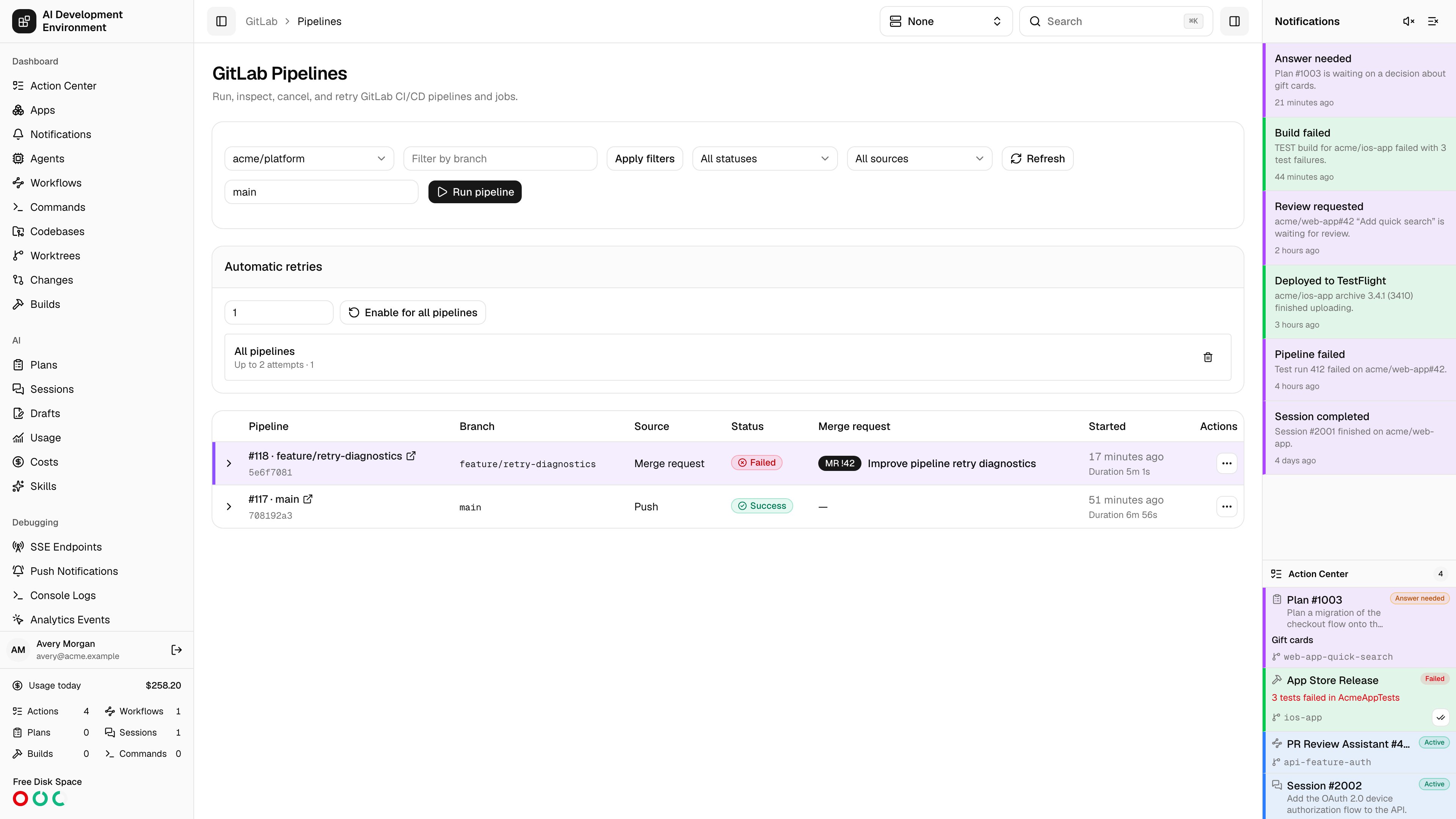 GitLab pipelines table in light theme