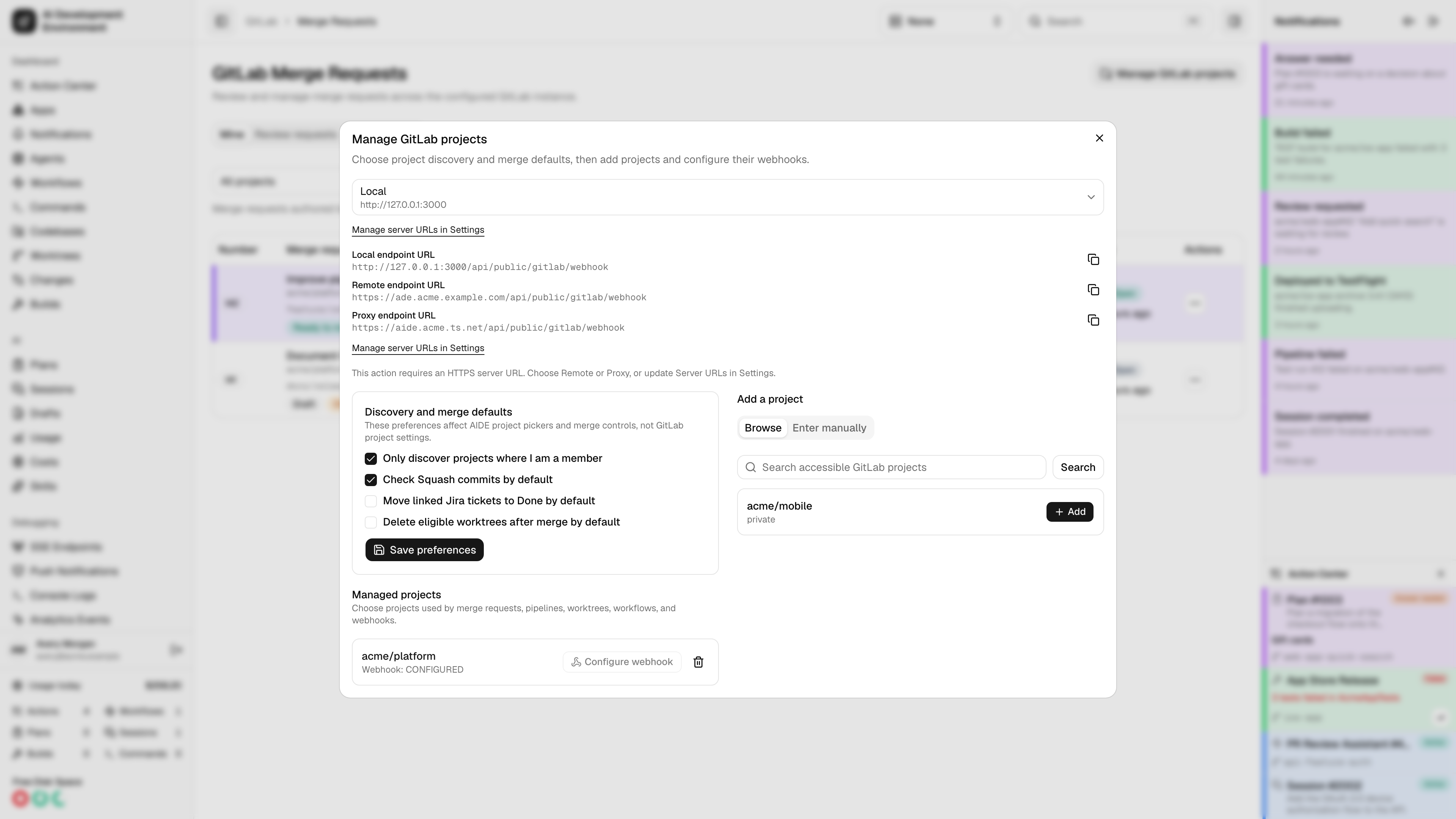 Manage GitLab projects dialog in light theme