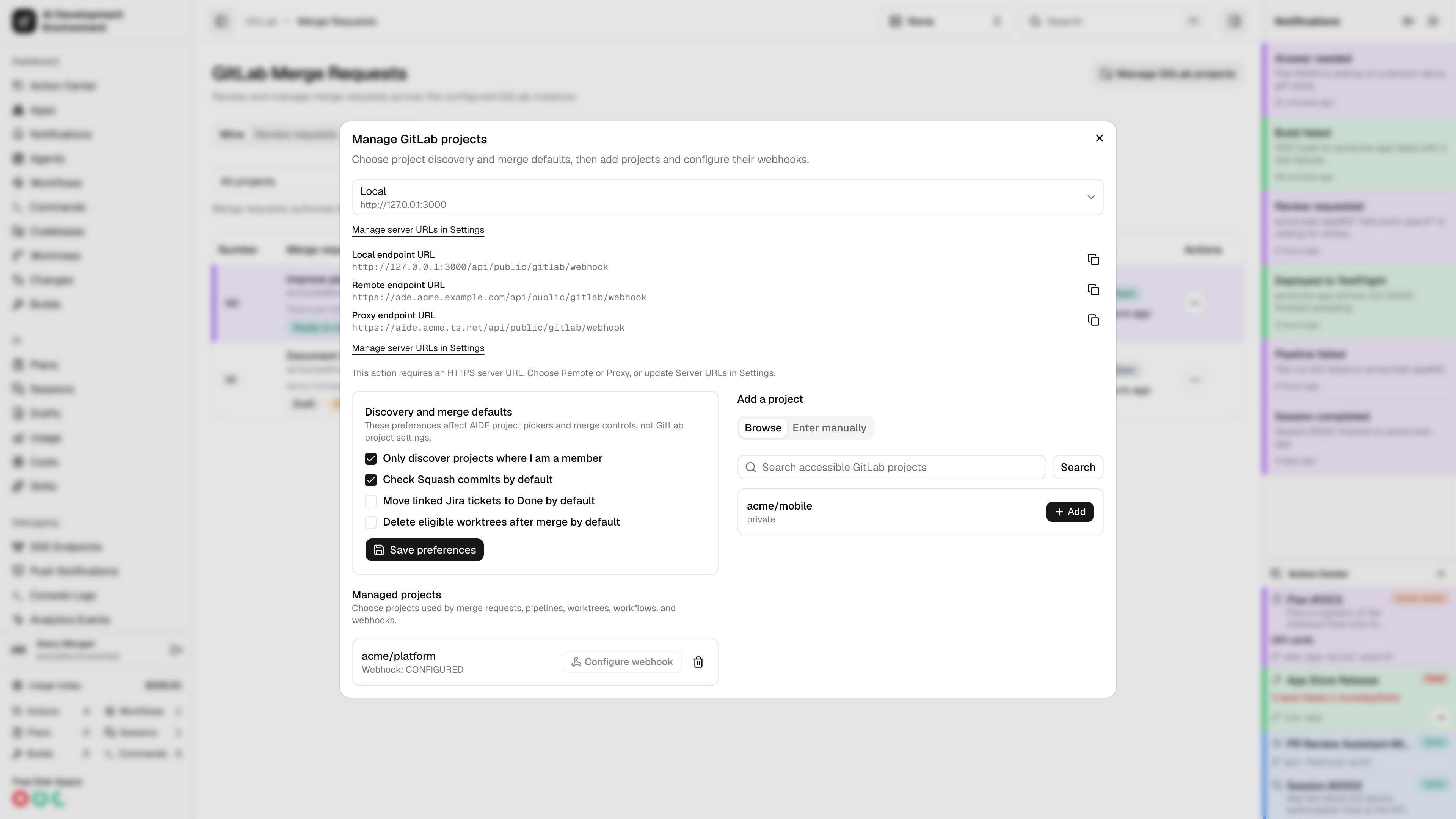 Manage GitLab projects dialog in light theme