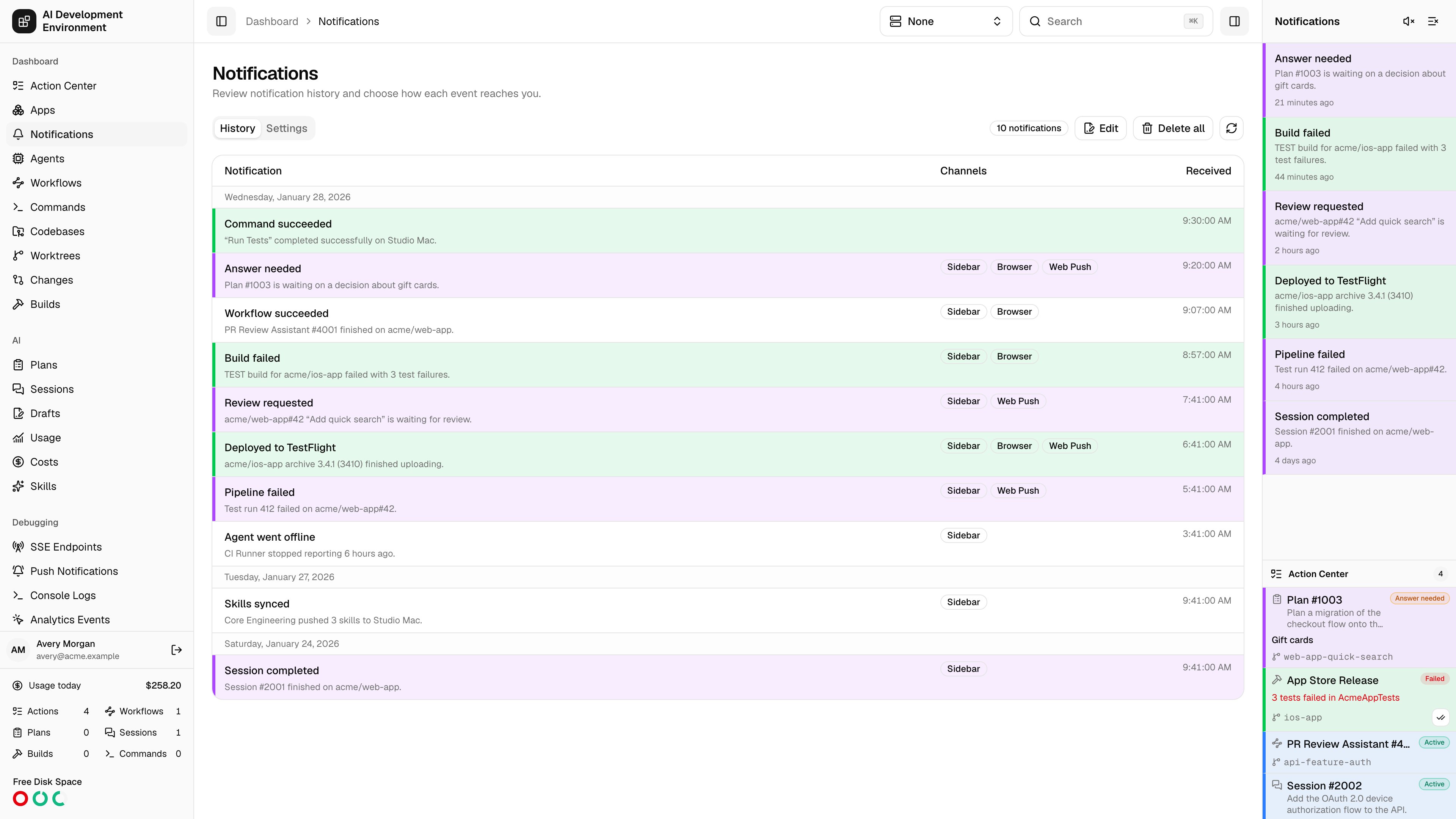Notifications page in light theme