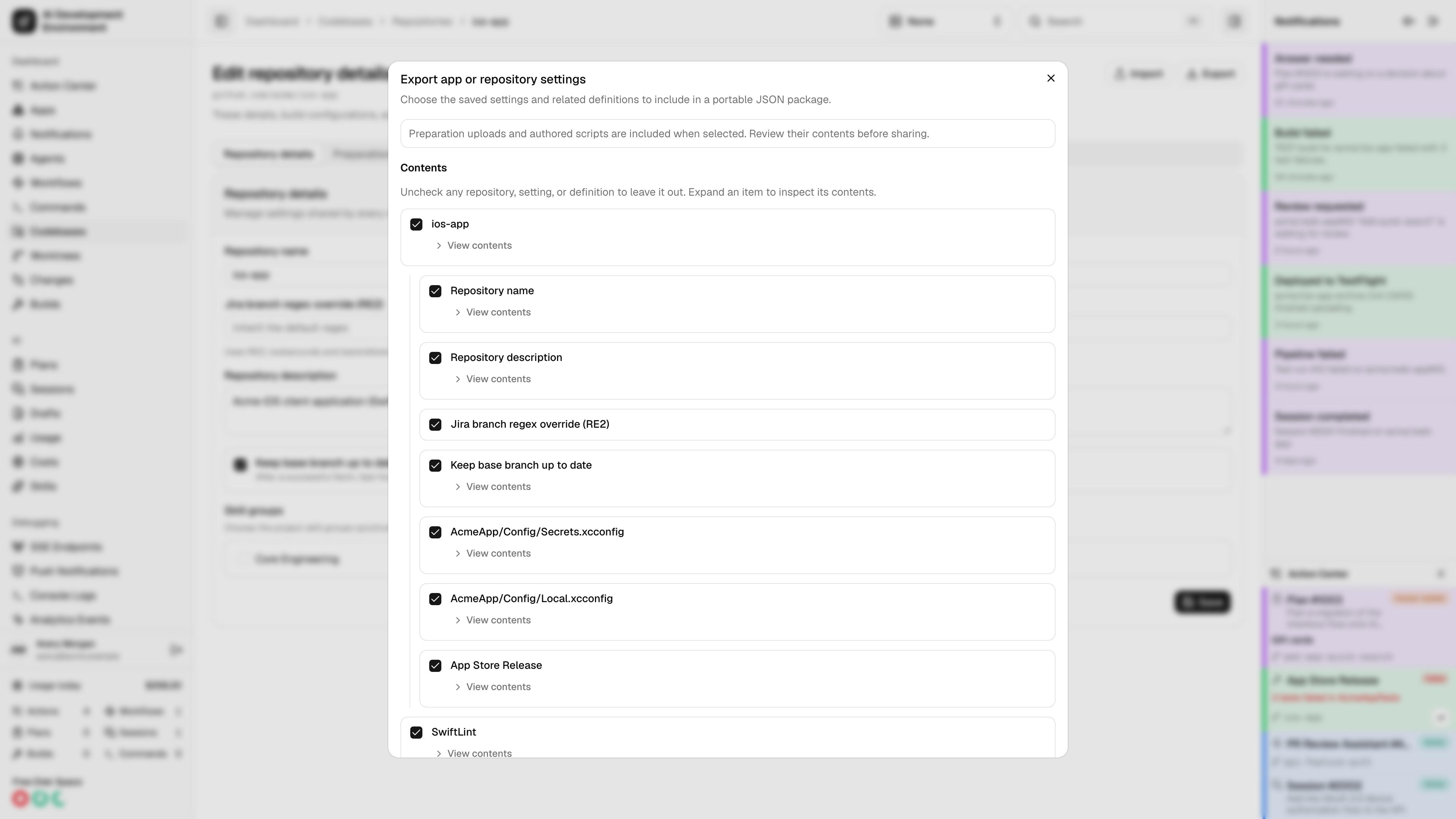 Selecting repository settings for export in light theme
