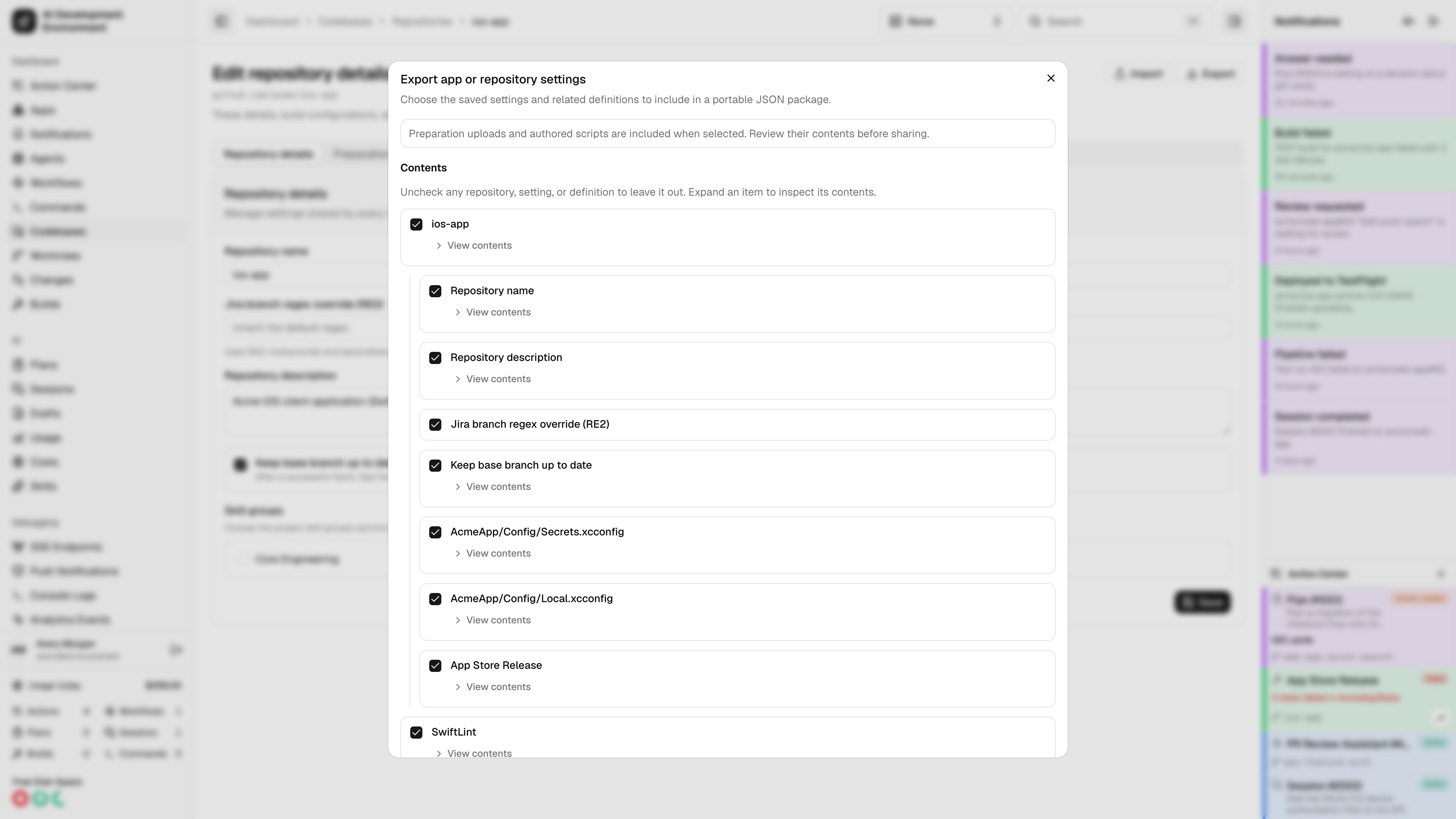 Selecting repository settings for export in light theme