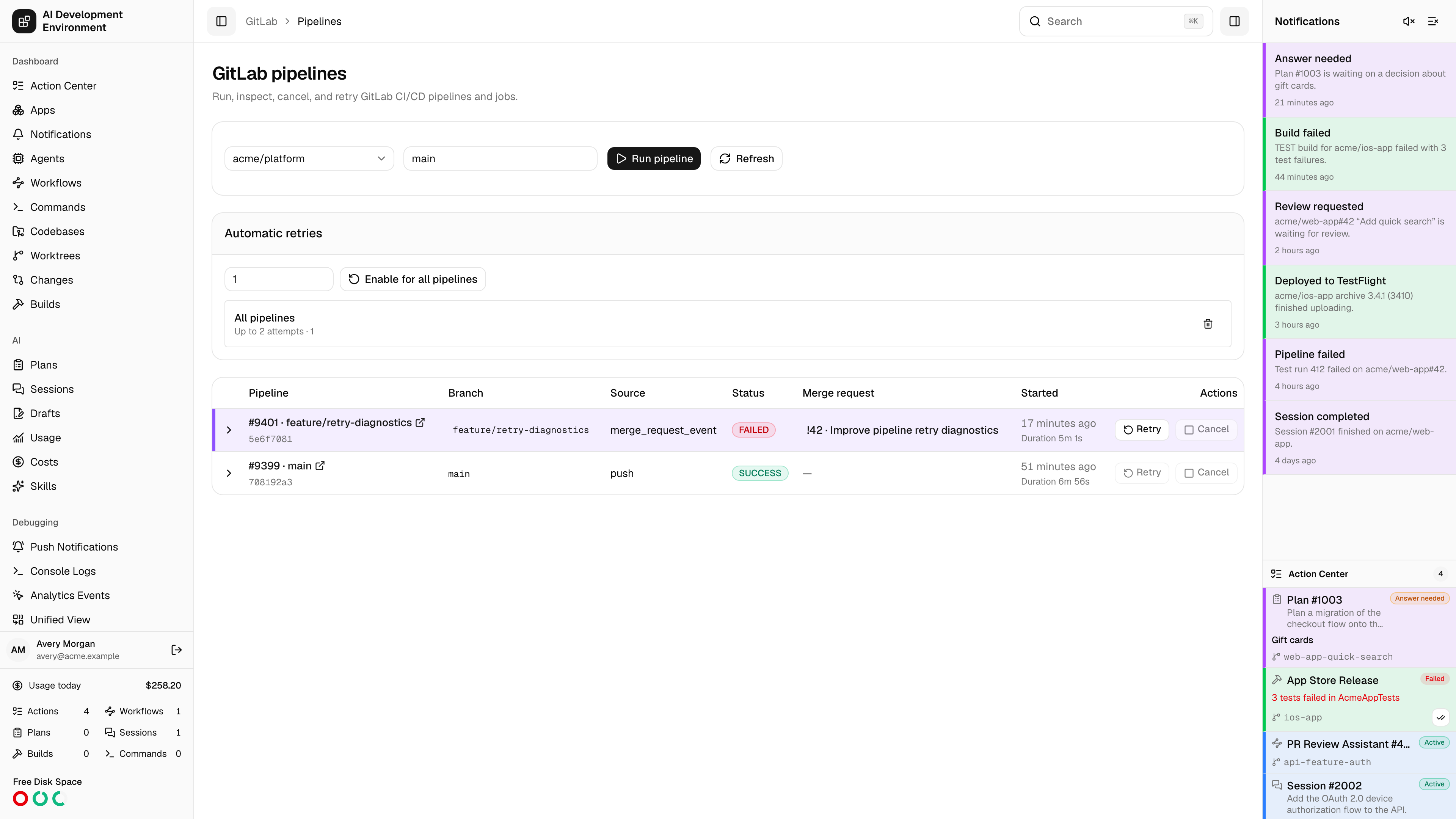 GitLab pipelines page in light theme