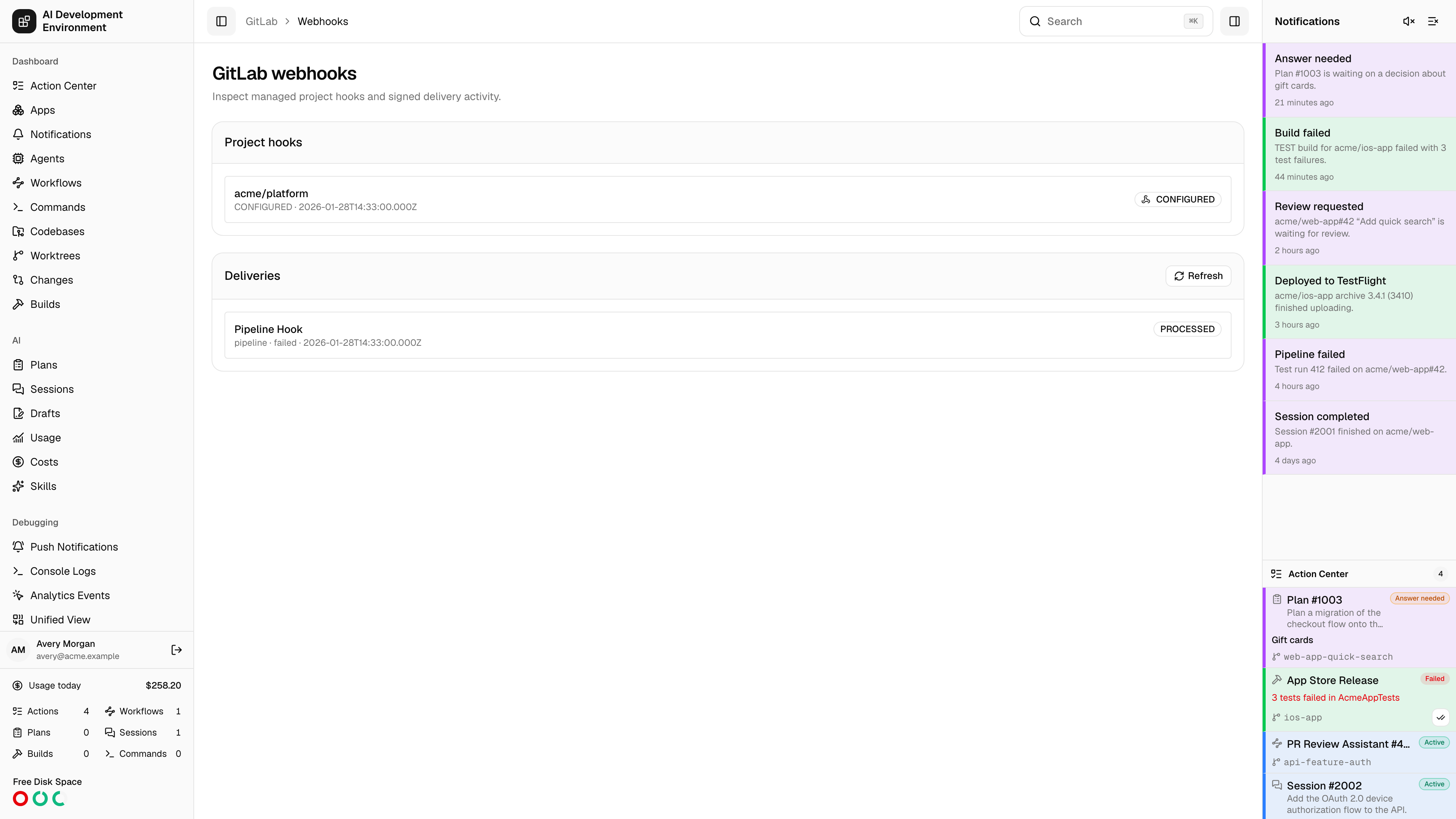 GitLab webhook deliveries page in light theme