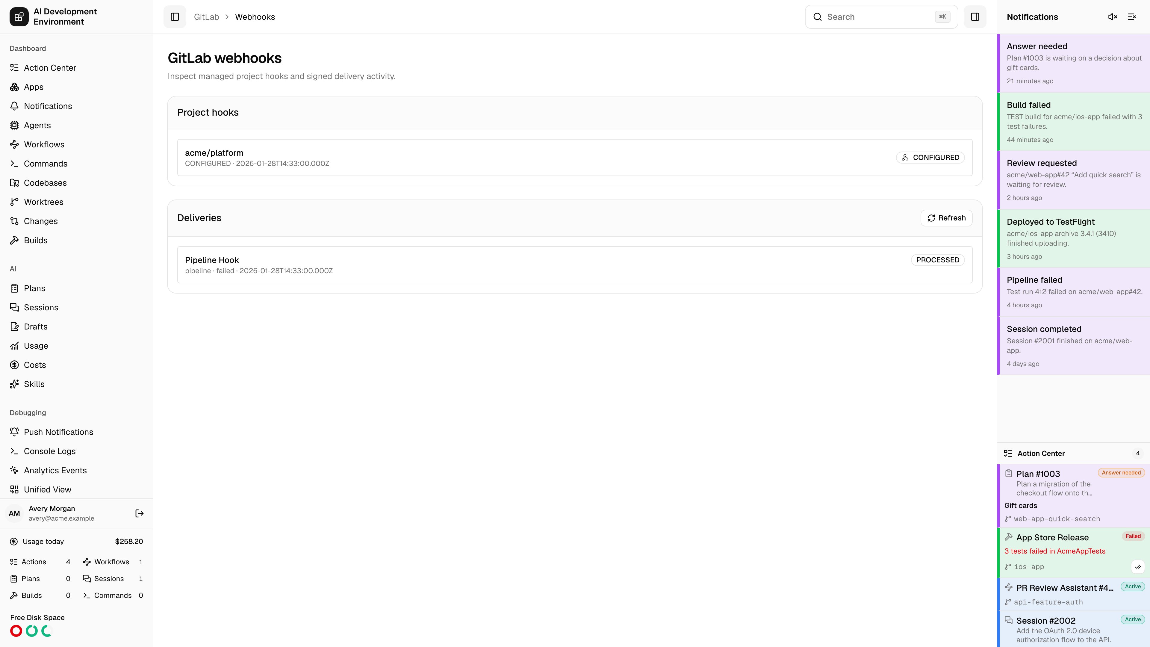 GitLab webhook deliveries in light theme