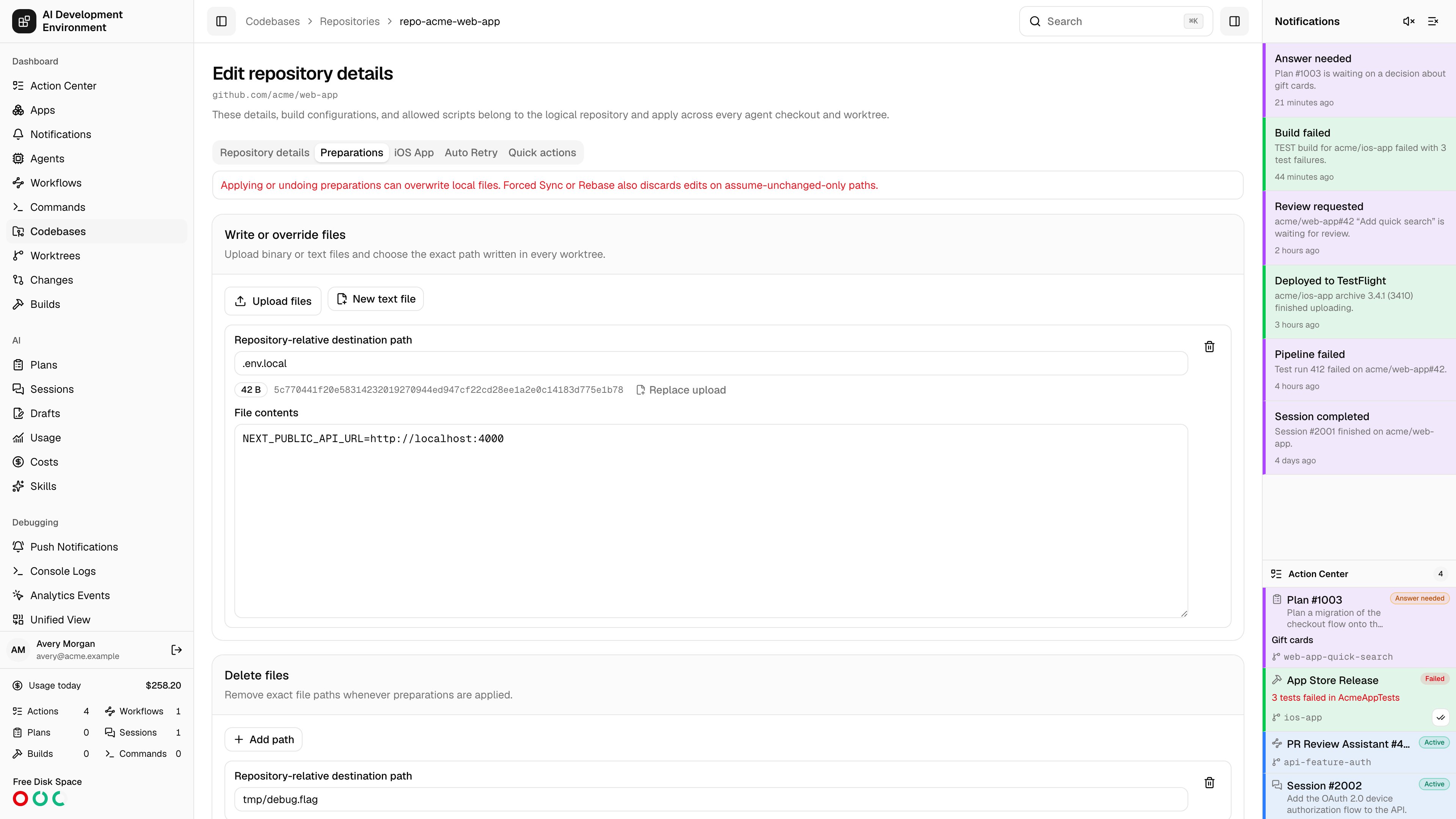 Repository Preparations tab in light theme