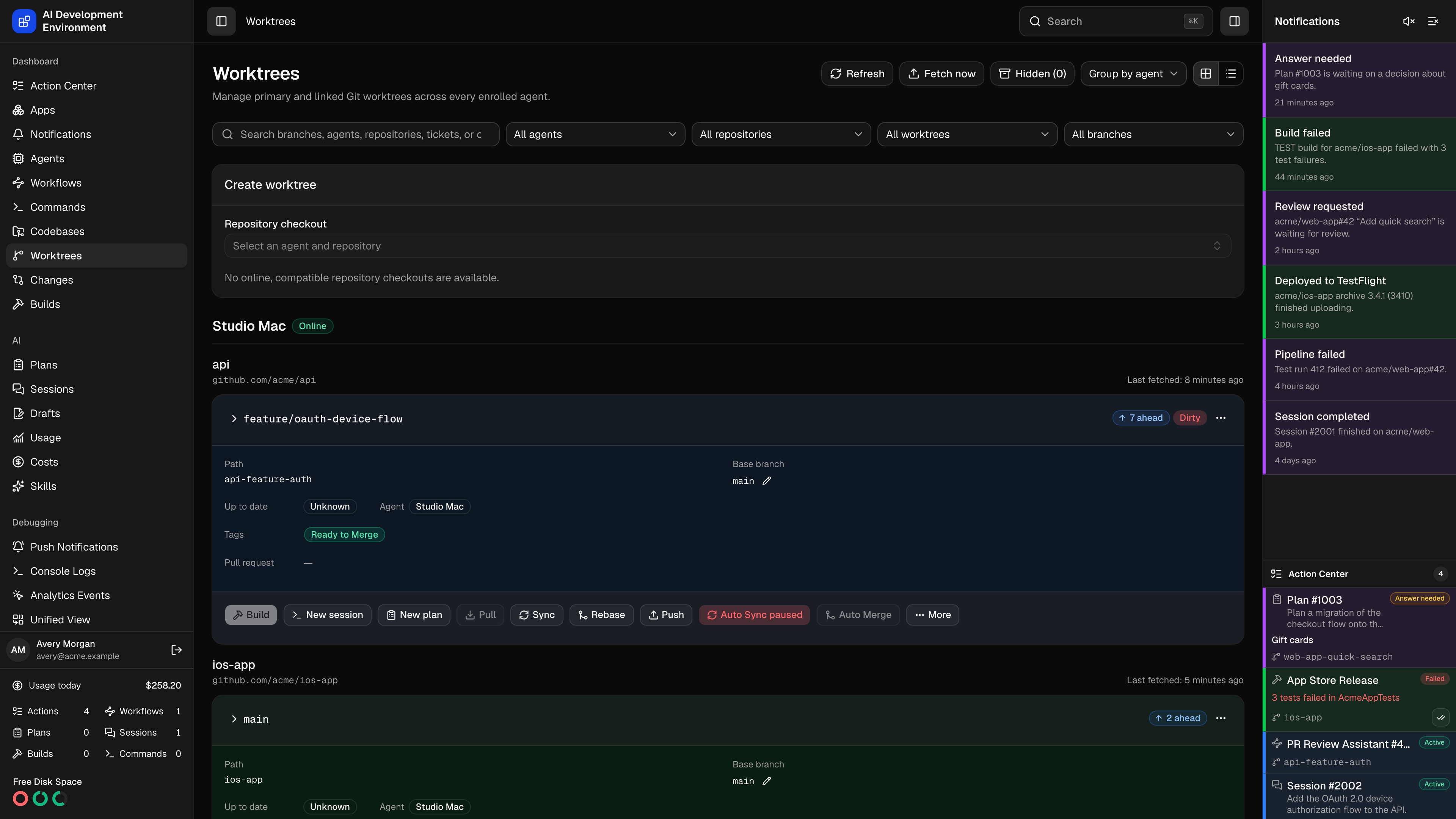 Worktrees page in dark theme