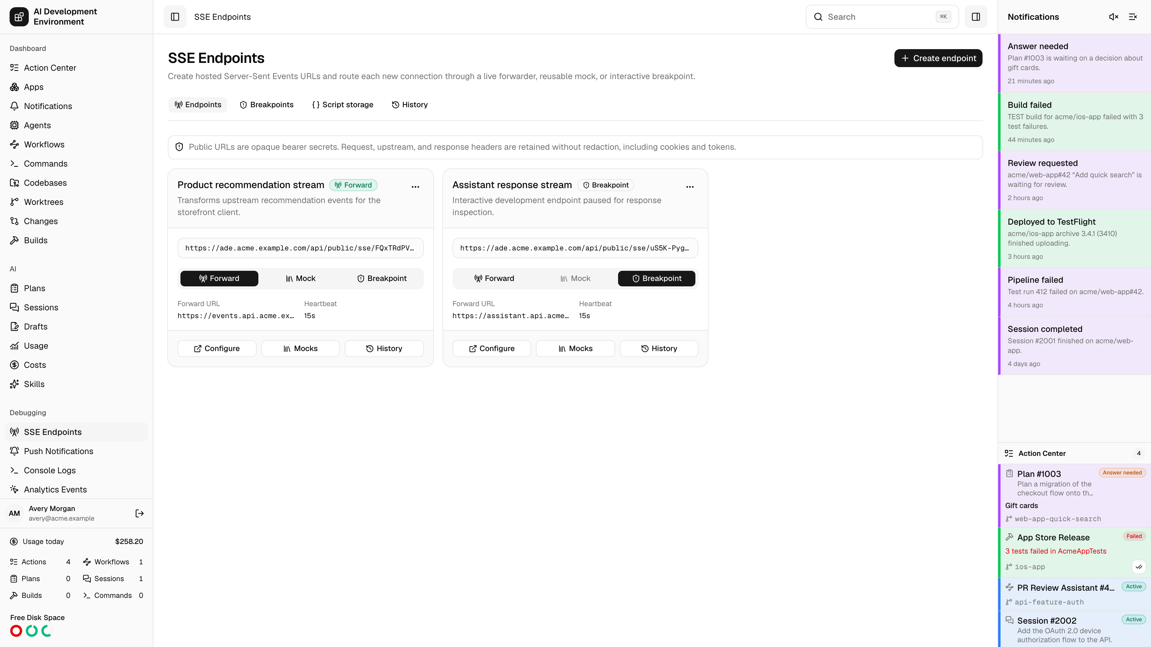 SSE Endpoints page in light theme
