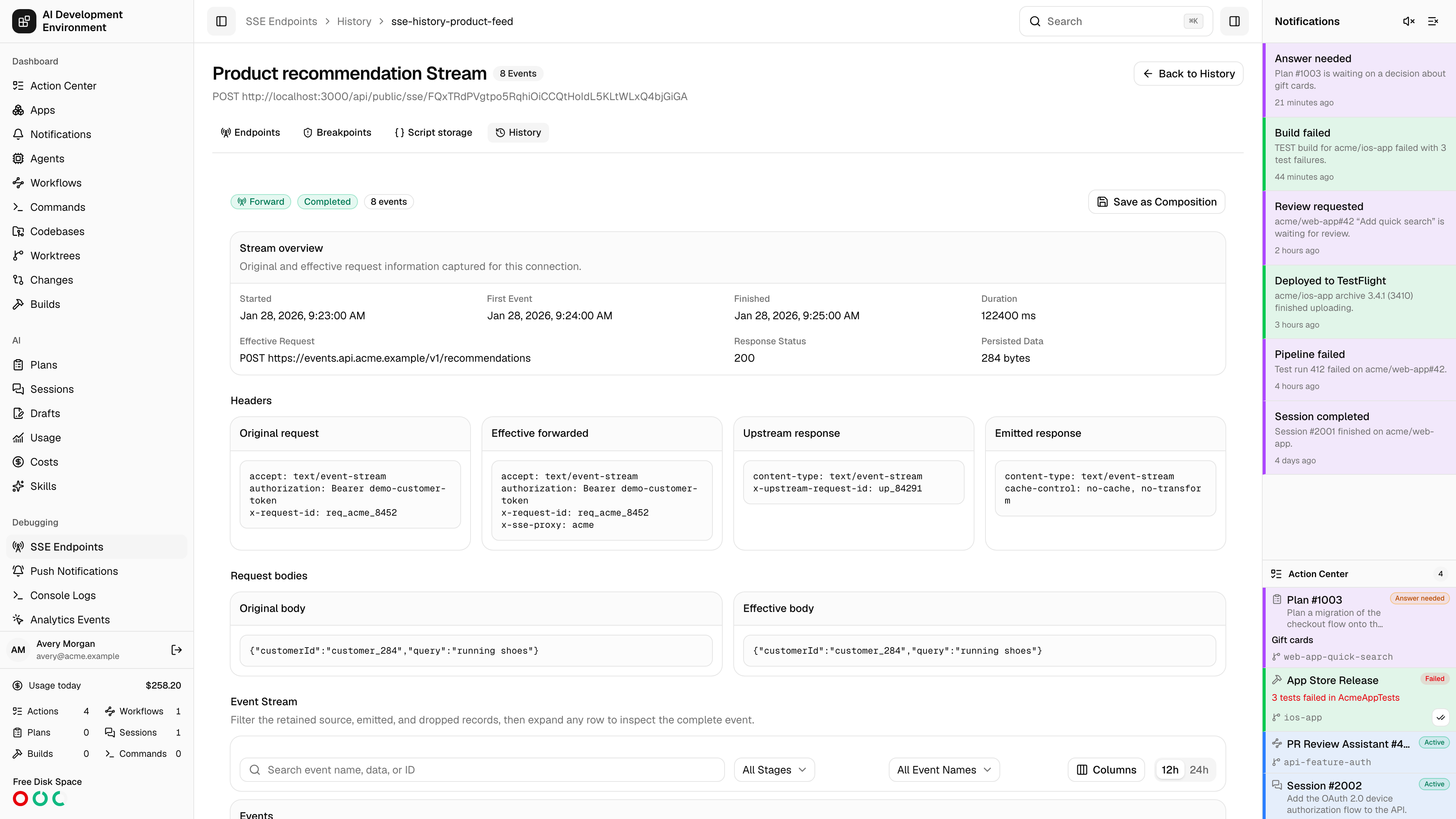 Dedicated SSE stream history page in light theme