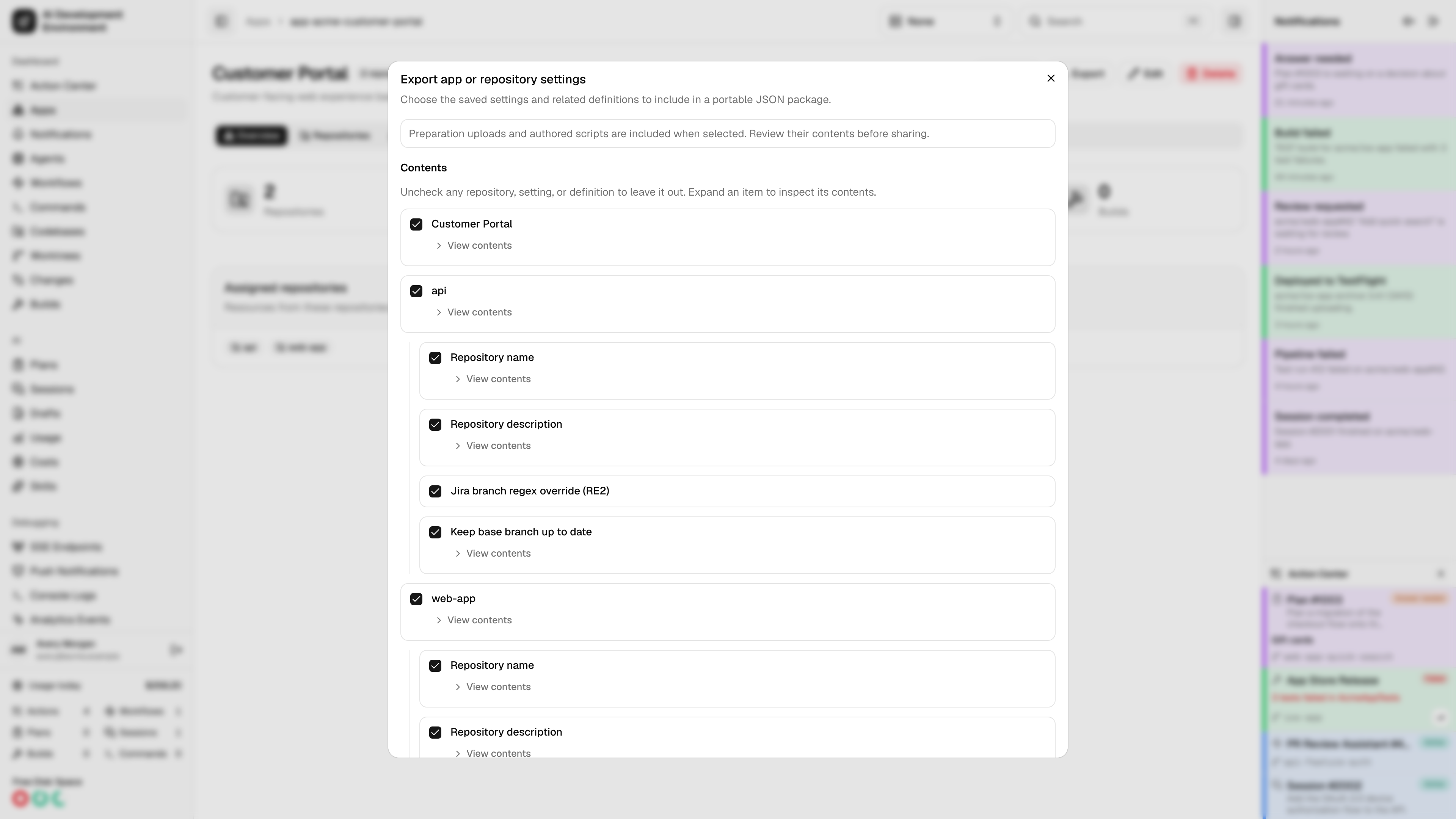 App export with selectable repository settings in light theme